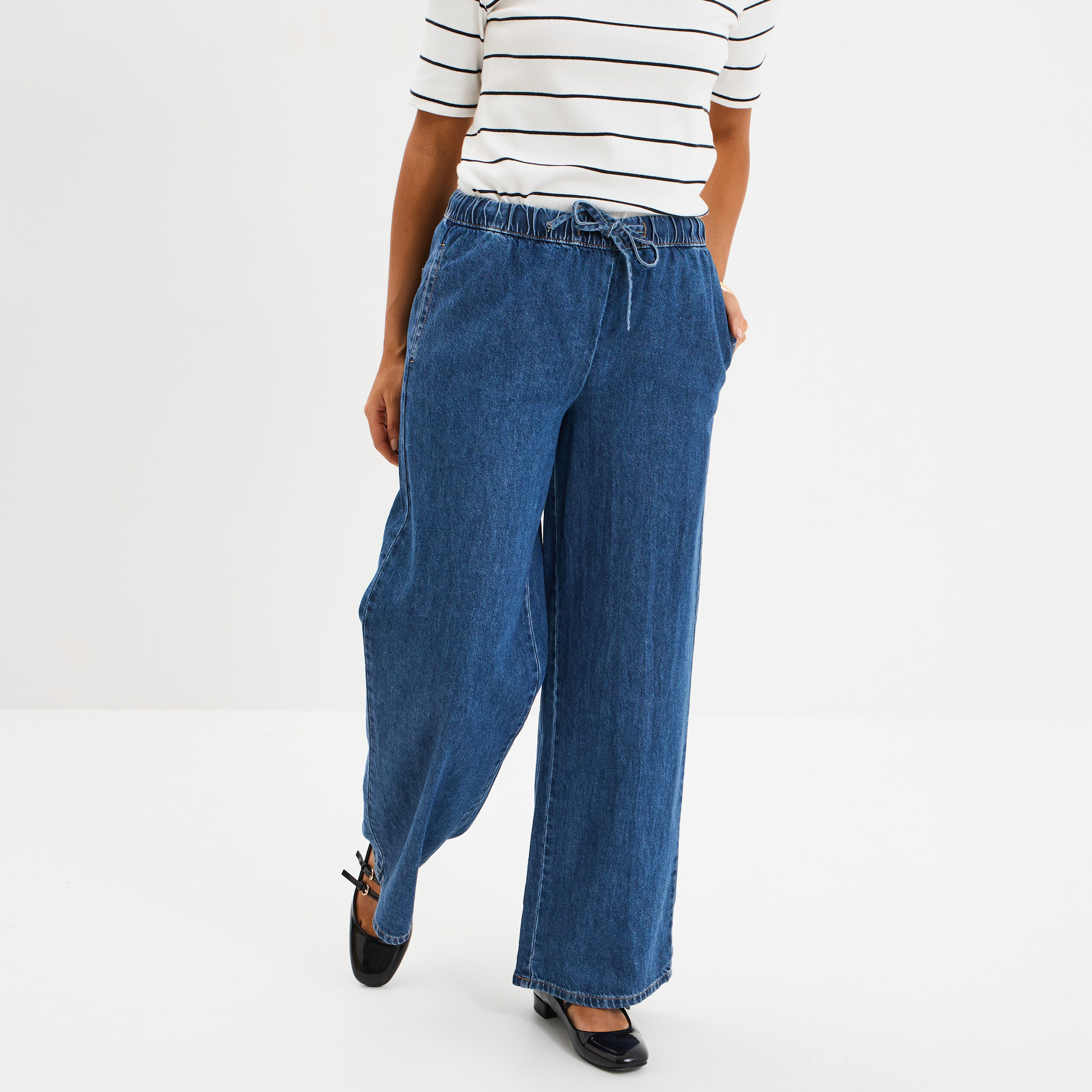 jeans wide leg taille elastiquee creeks denim stone femme Jeans wide leg taille élastiquée Creeks denim stone femme