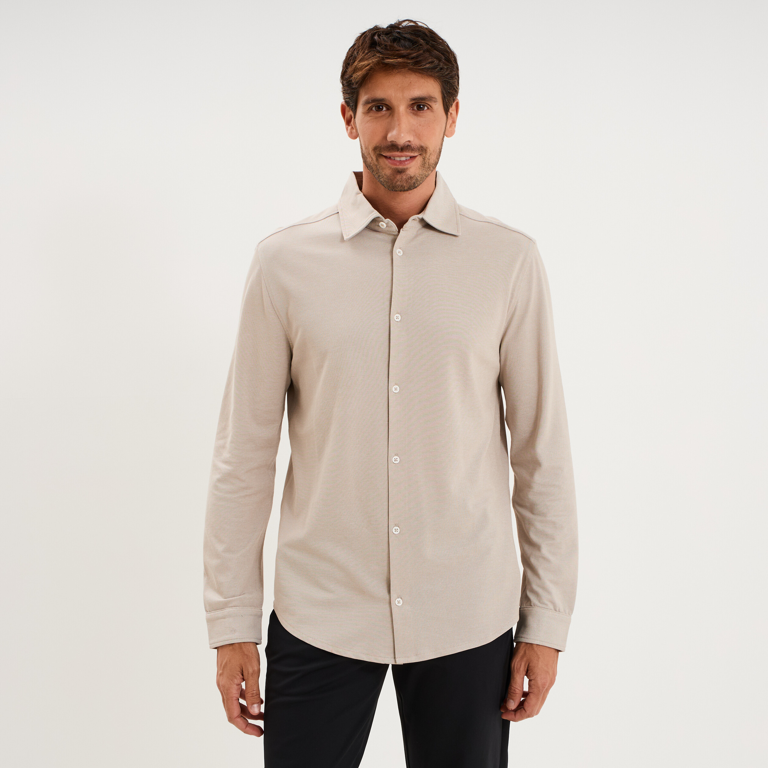 Chemise droite &agrave; manches longues beige homme