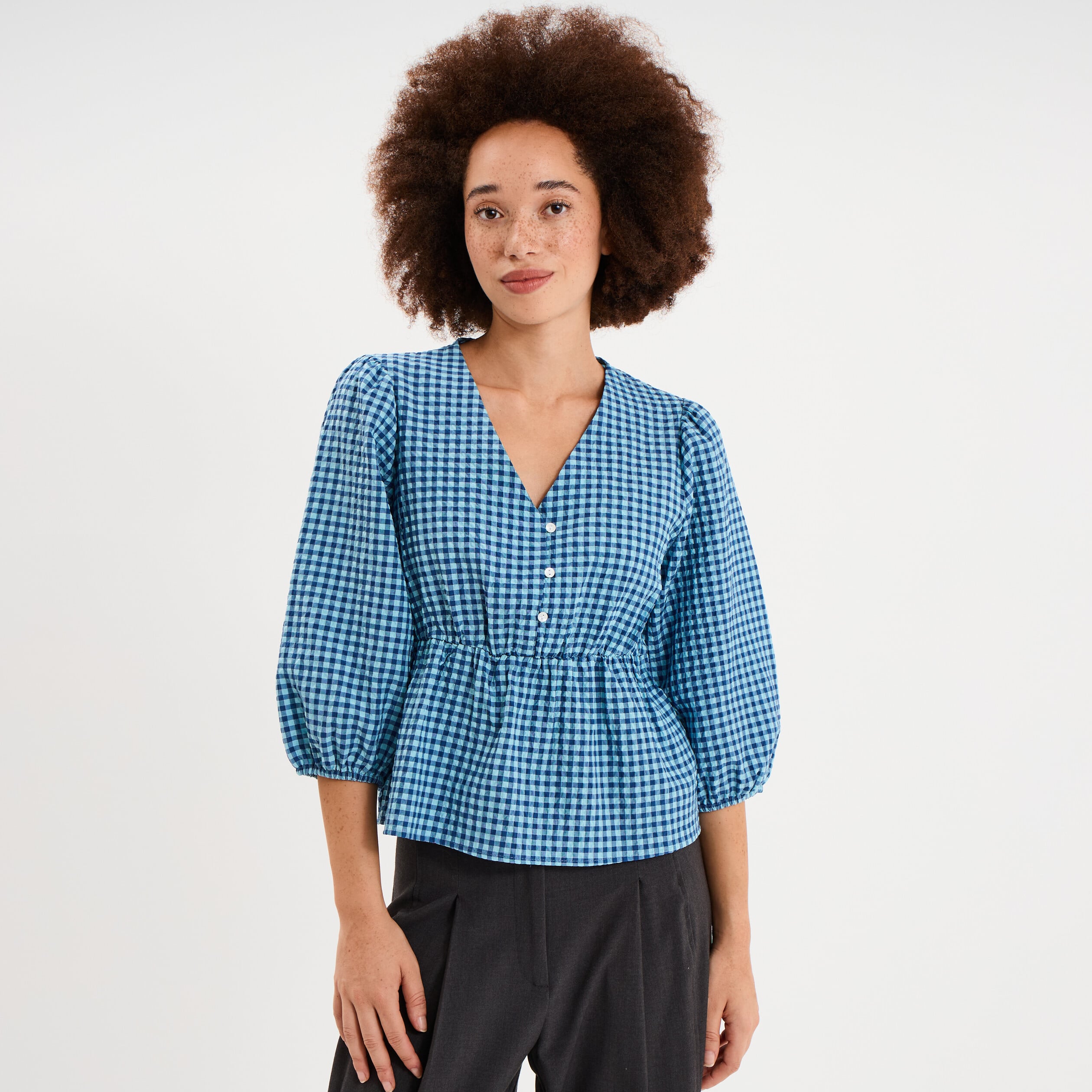 Blouse cintr&eacute;e col V manches 3/4 blanc femme