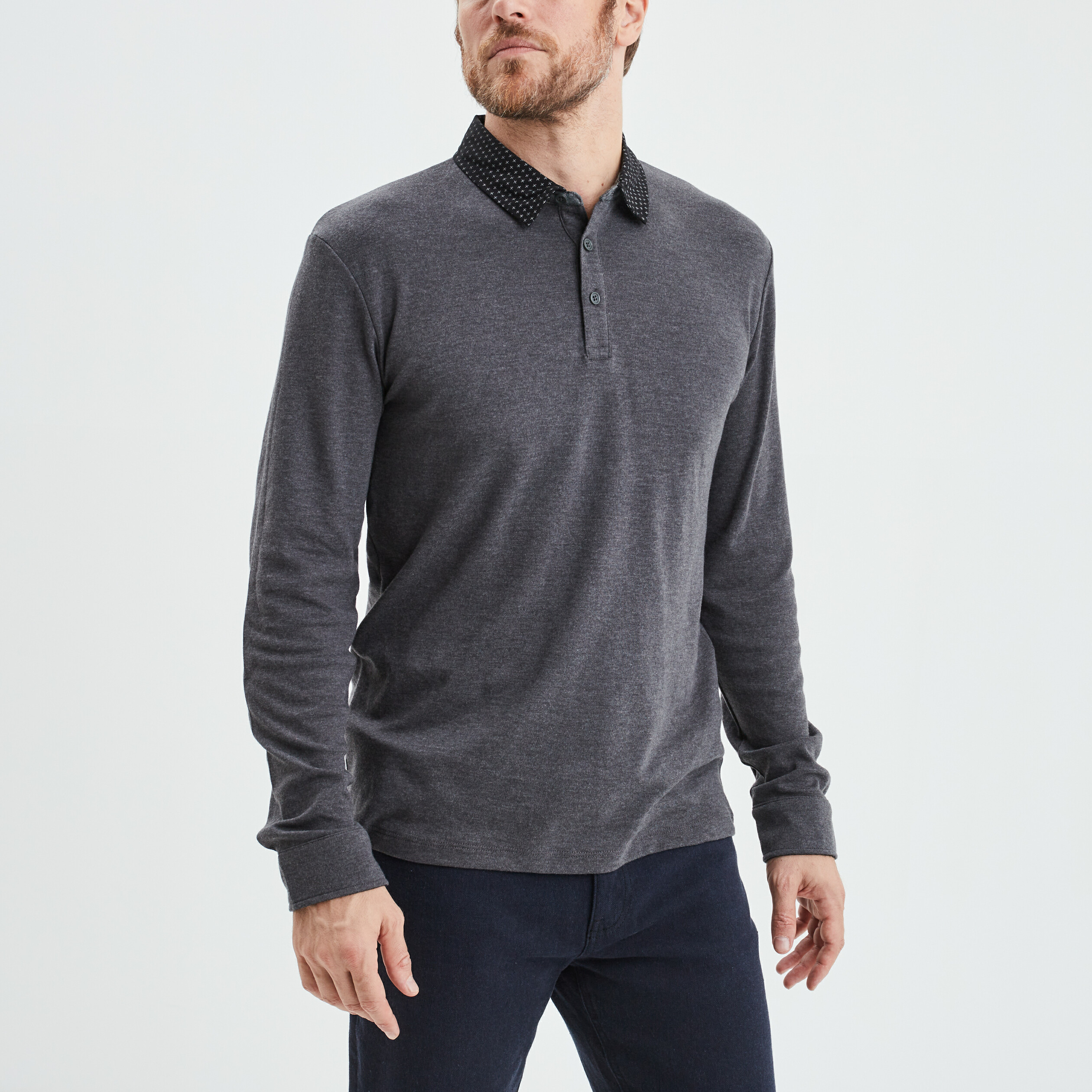 Polo manches longues col boutonné coton gris homme