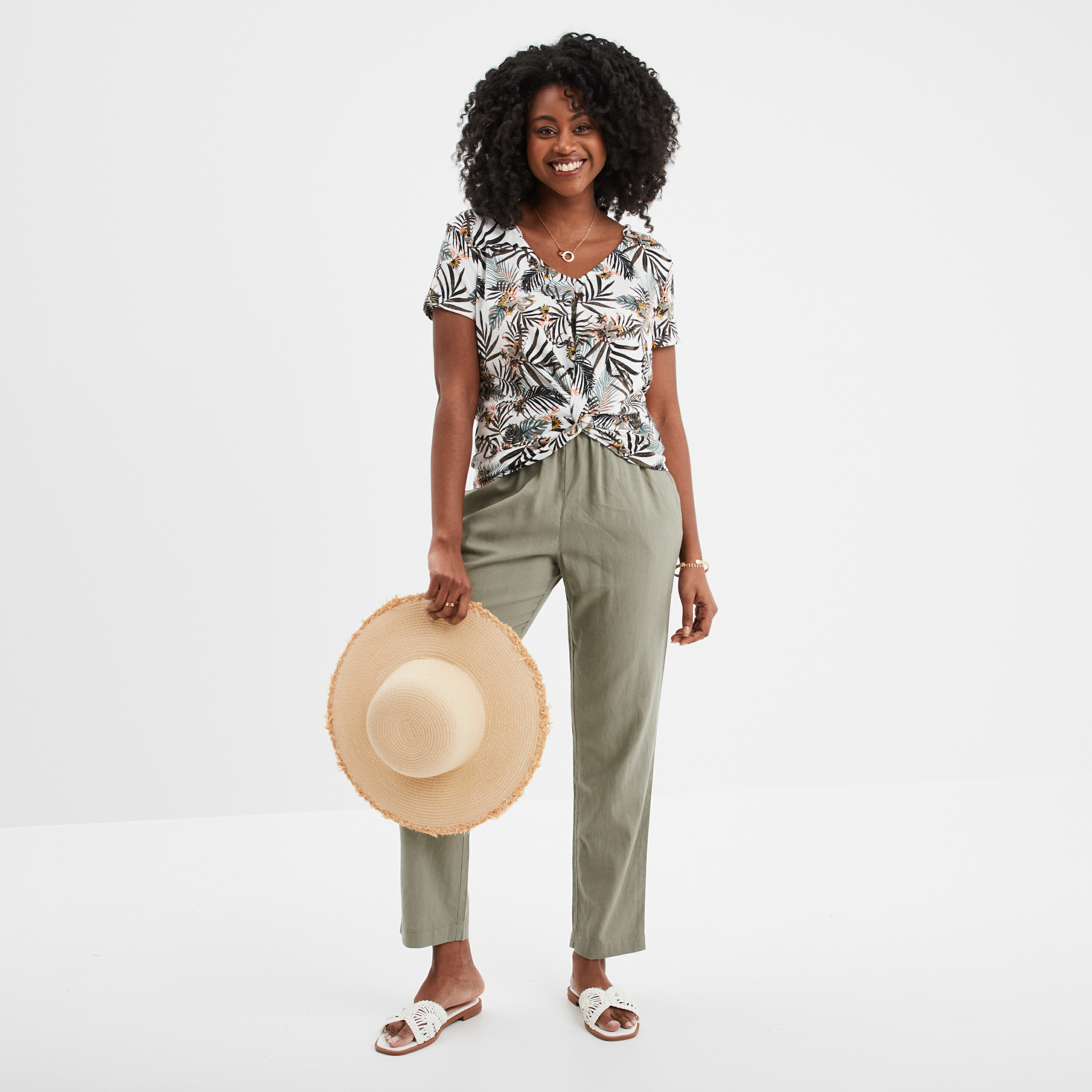 Pantalon droit 7/8&egrave;me lin m&eacute;lang&eacute; vert kaki femme