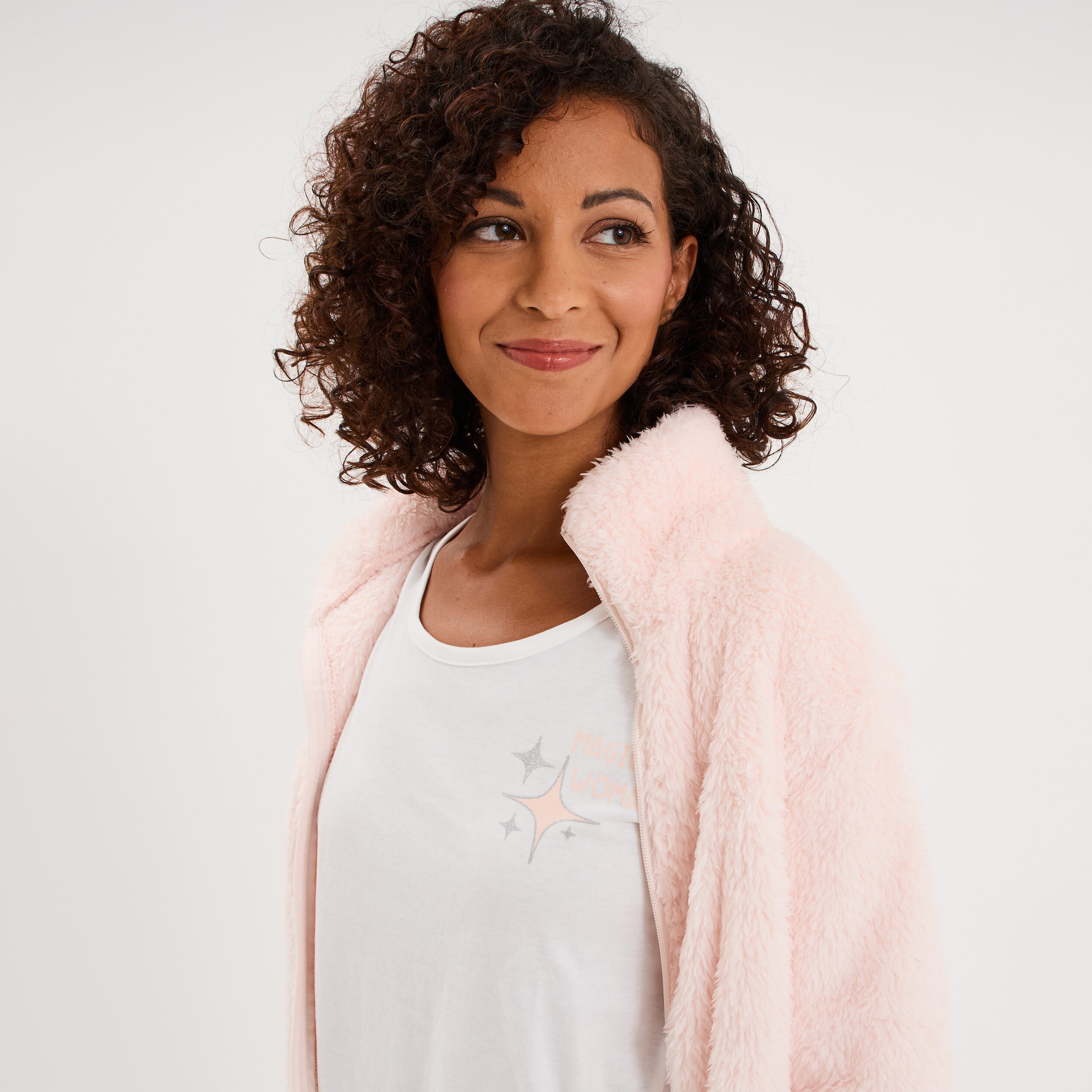 Ensemble pyjama 3 pi&egrave;ces effet polaire rose nude femme