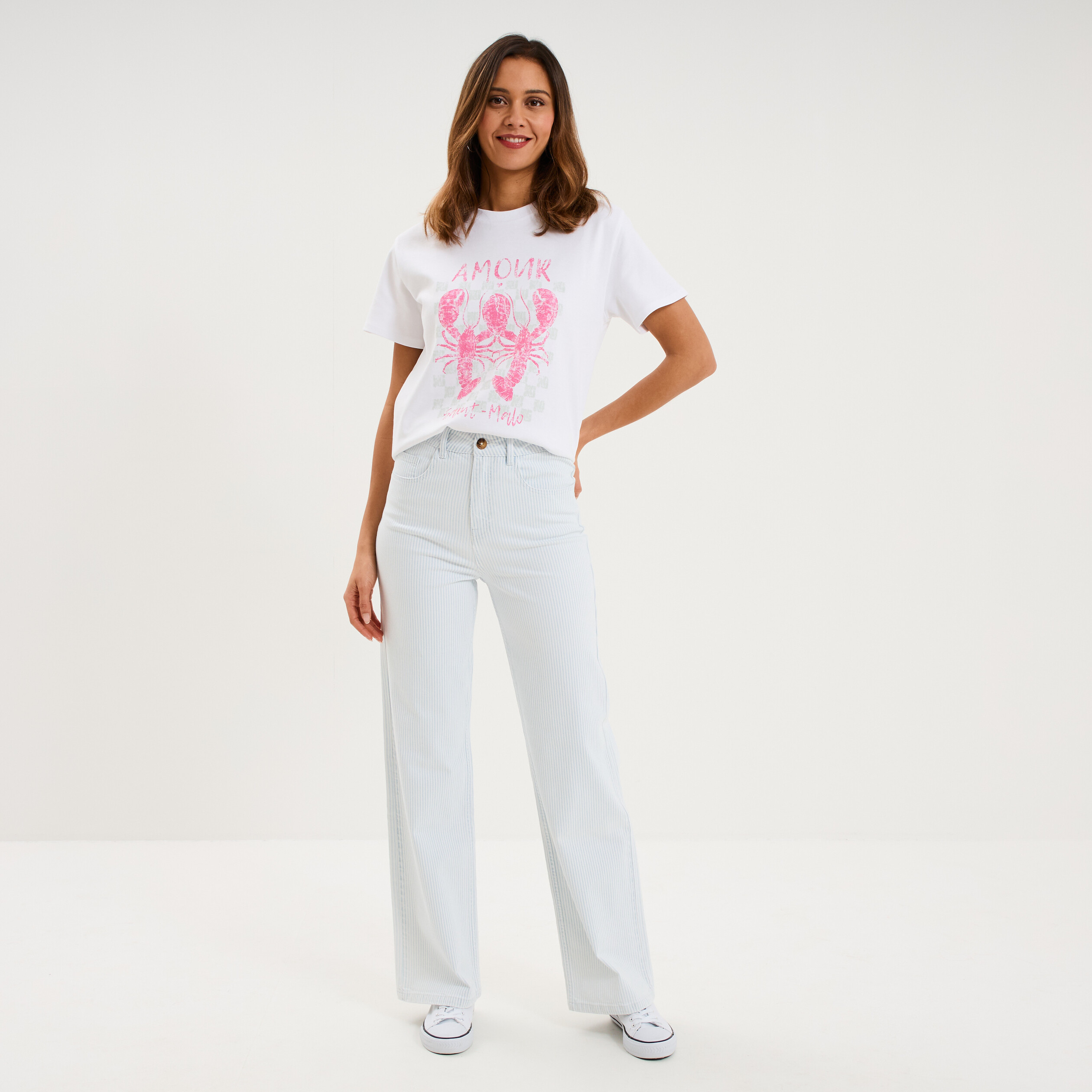 Jean droit taille haute coton blanc femme