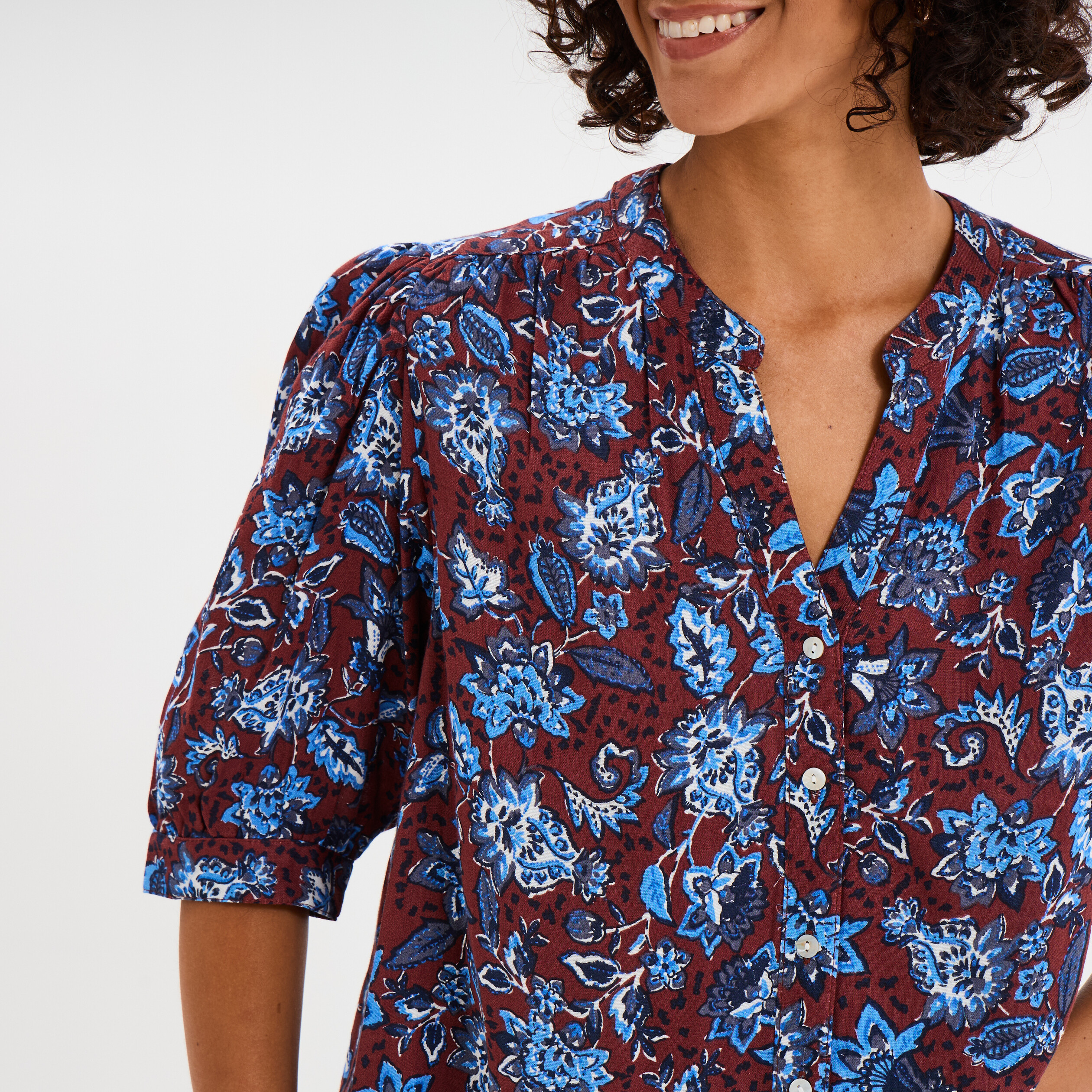 blouse col tunisien manches 34 coton marron femme Blouse col tunisien manches 3/4 coton marron femme