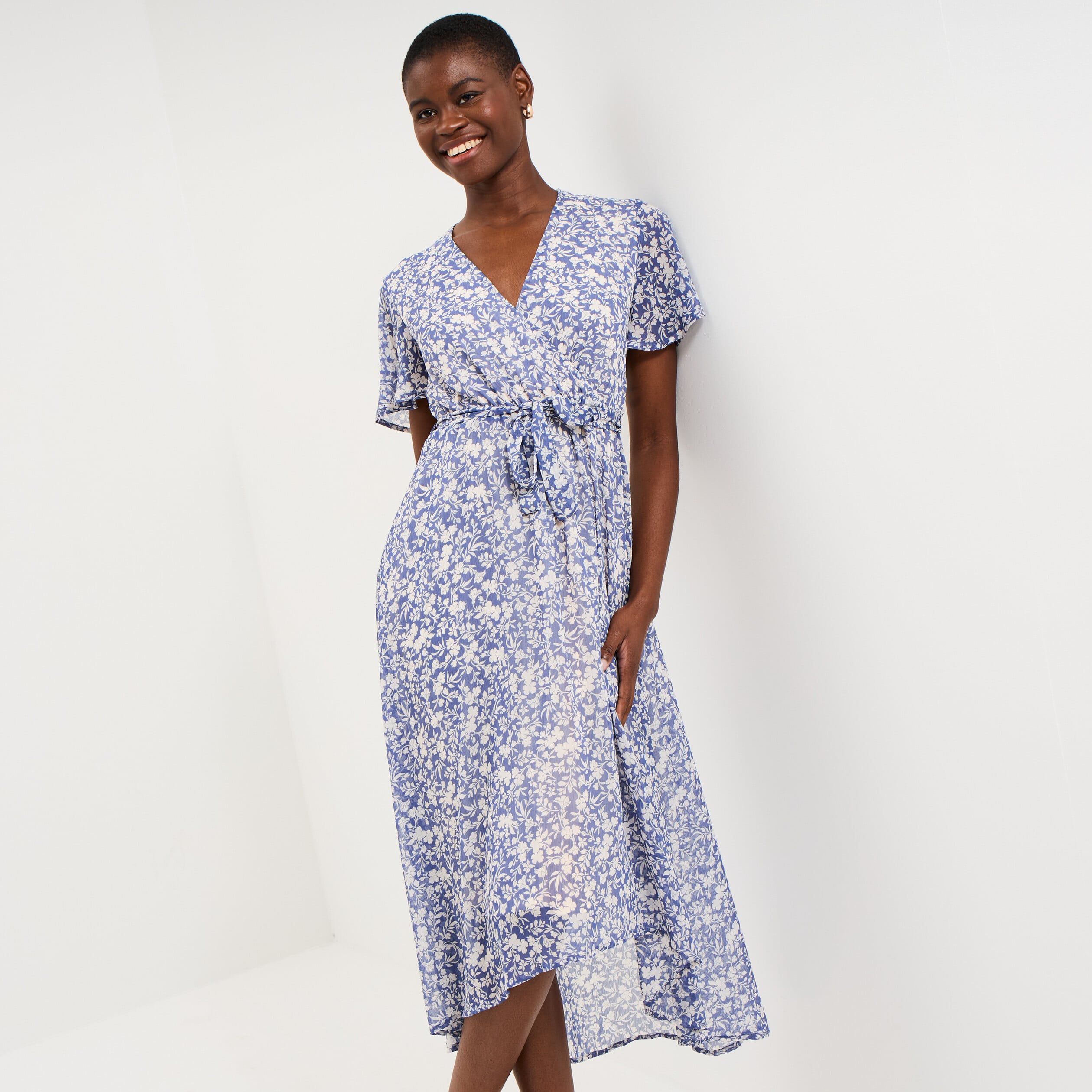 Robe longue &eacute;vas&eacute;e col cache-coeur bleu femme