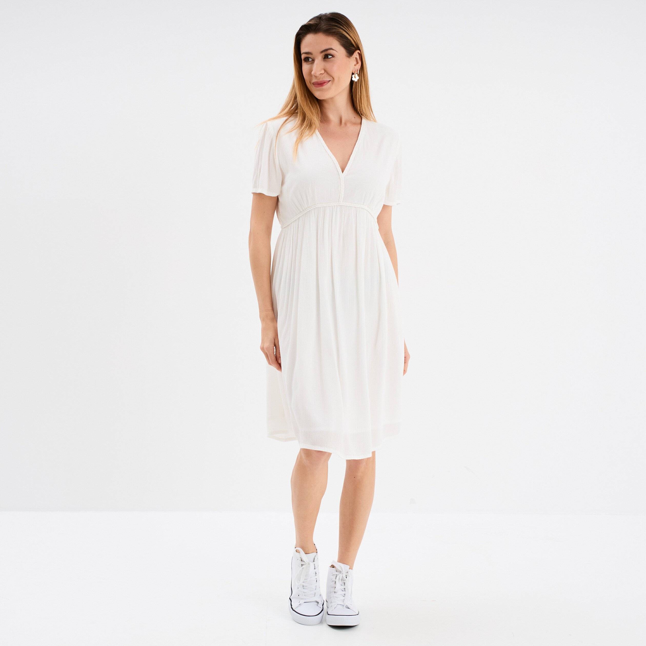 robe col en v details tresses blanc femme Robe col en V détails tressés blanc femme