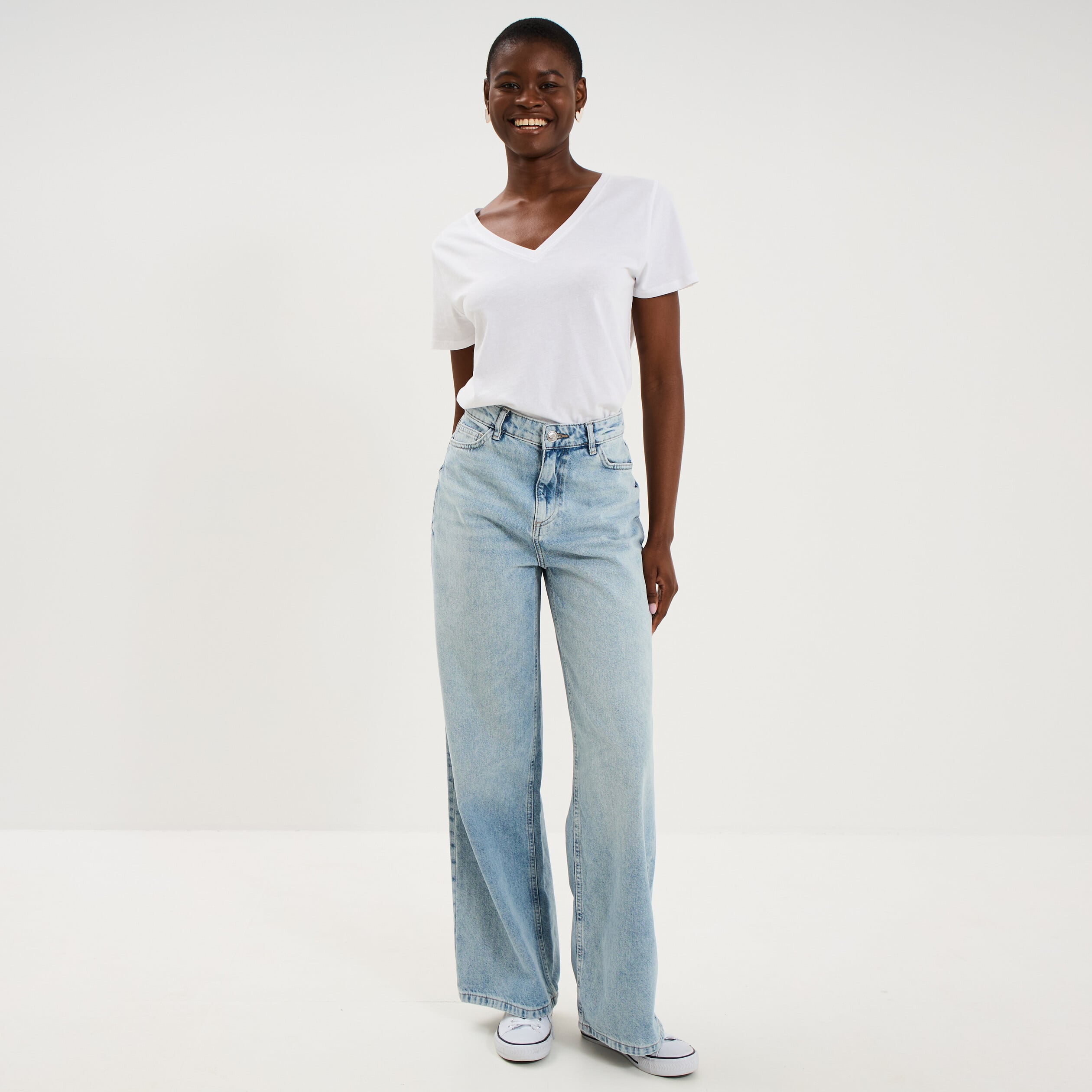 Jean large taille haute coton denim double stone femme