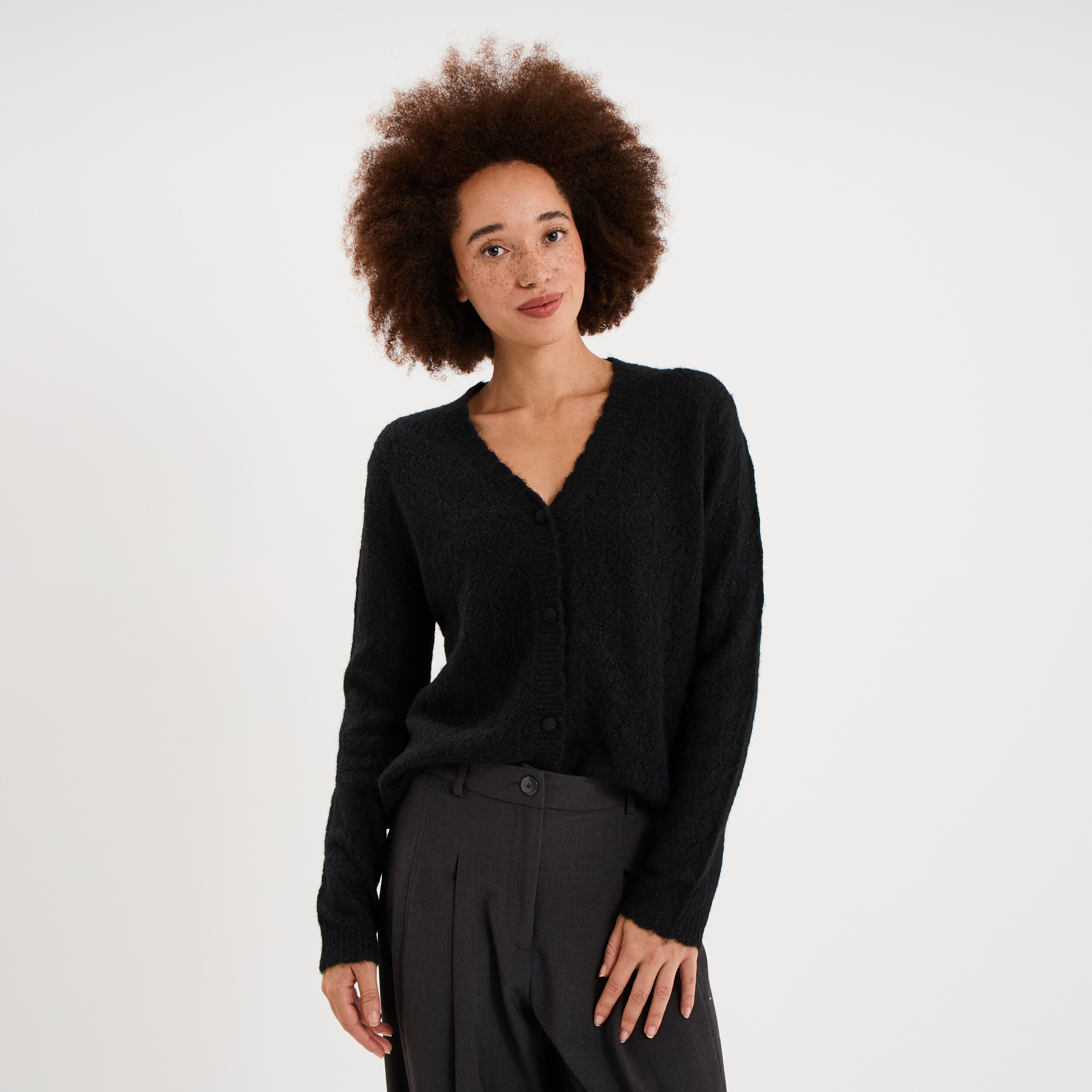 Gilet cardigan ajour&eacute; manches longues noir femme