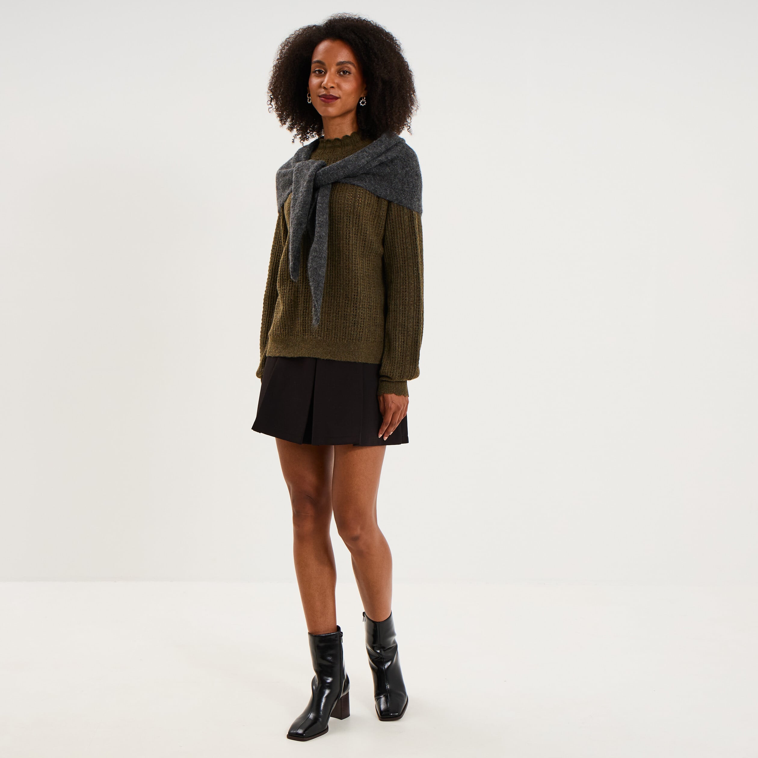 Pull col montant textur&eacute; manches longues vert kaki femme