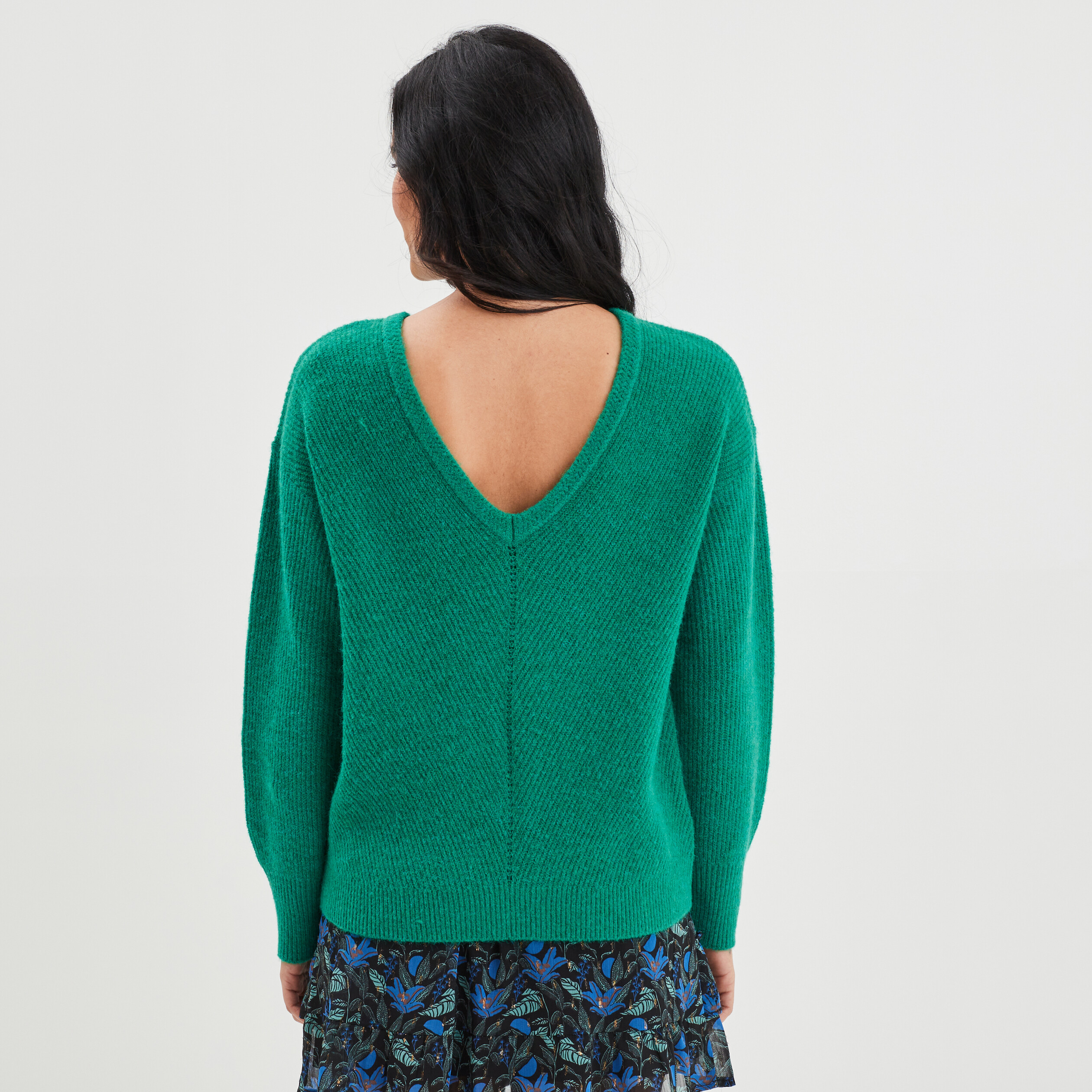 Pull réversible dos col en V vert émeraude femme