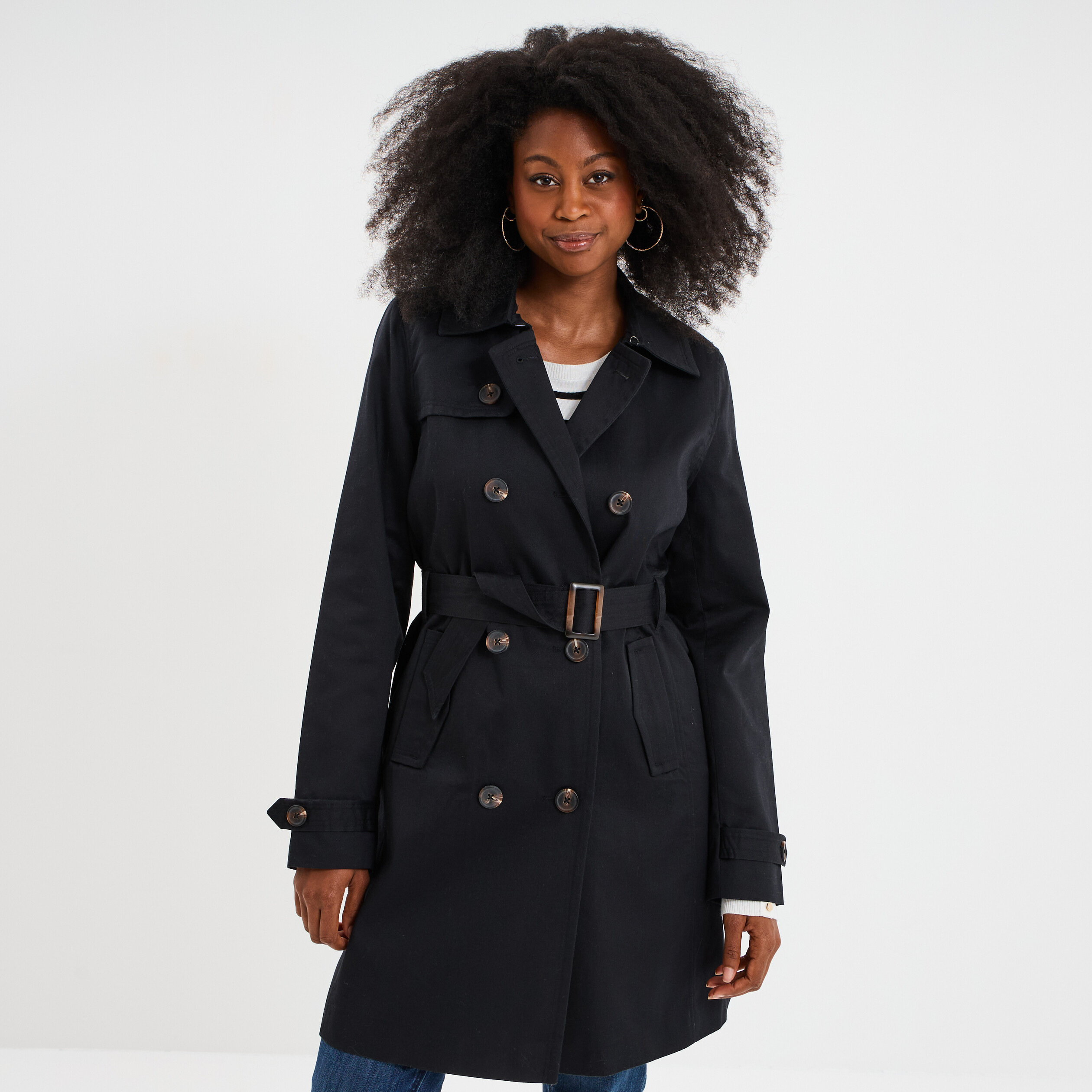 Trench mi-long ceintur&eacute; noir femme