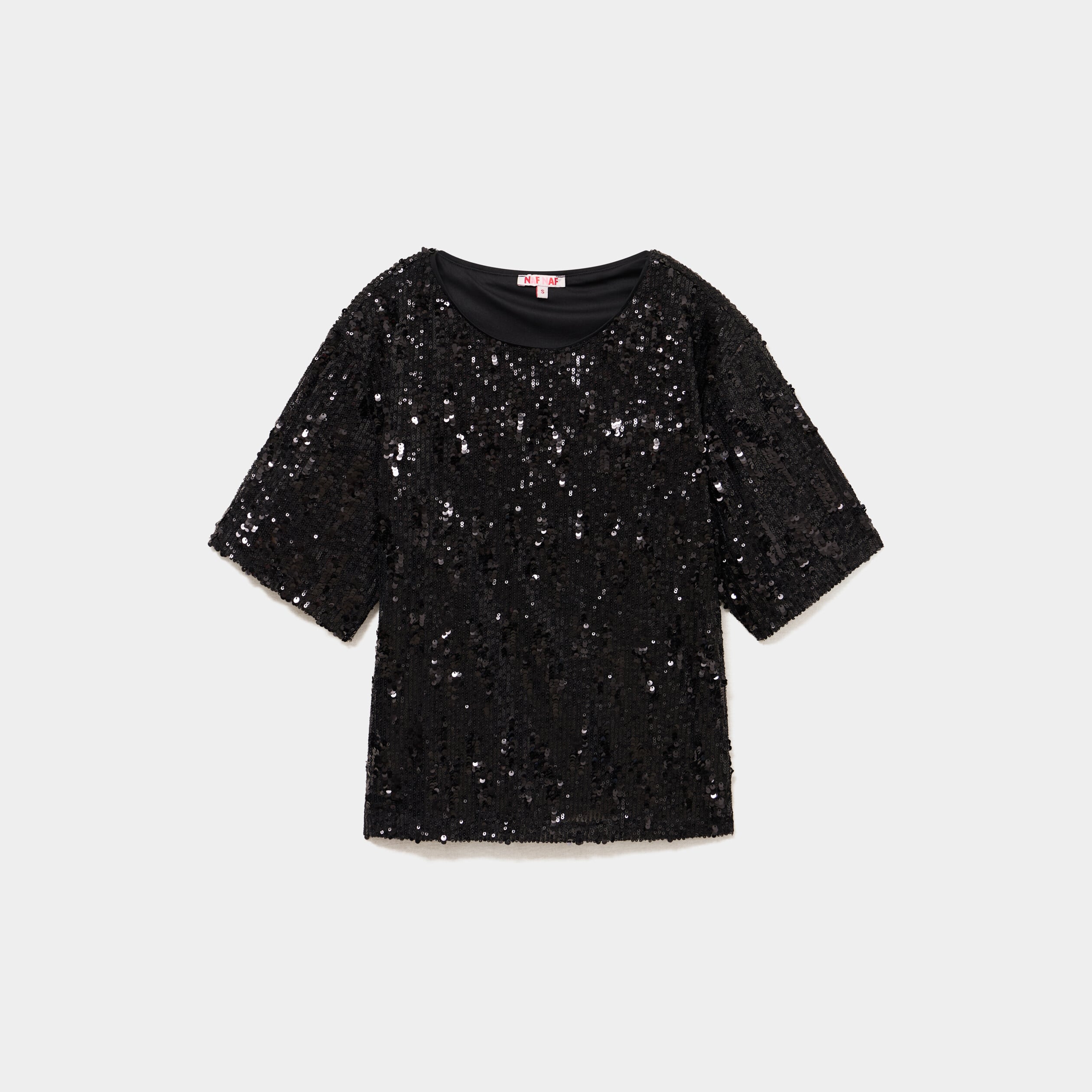 T-shirt &agrave; sequins manches courtes noir femme