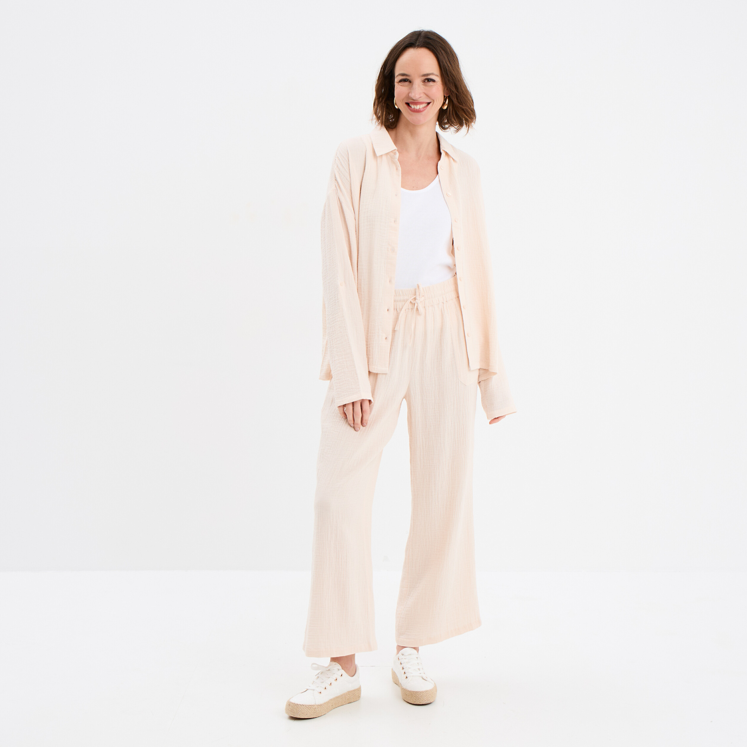 Chemise manches longues en gaze de coton beige femme