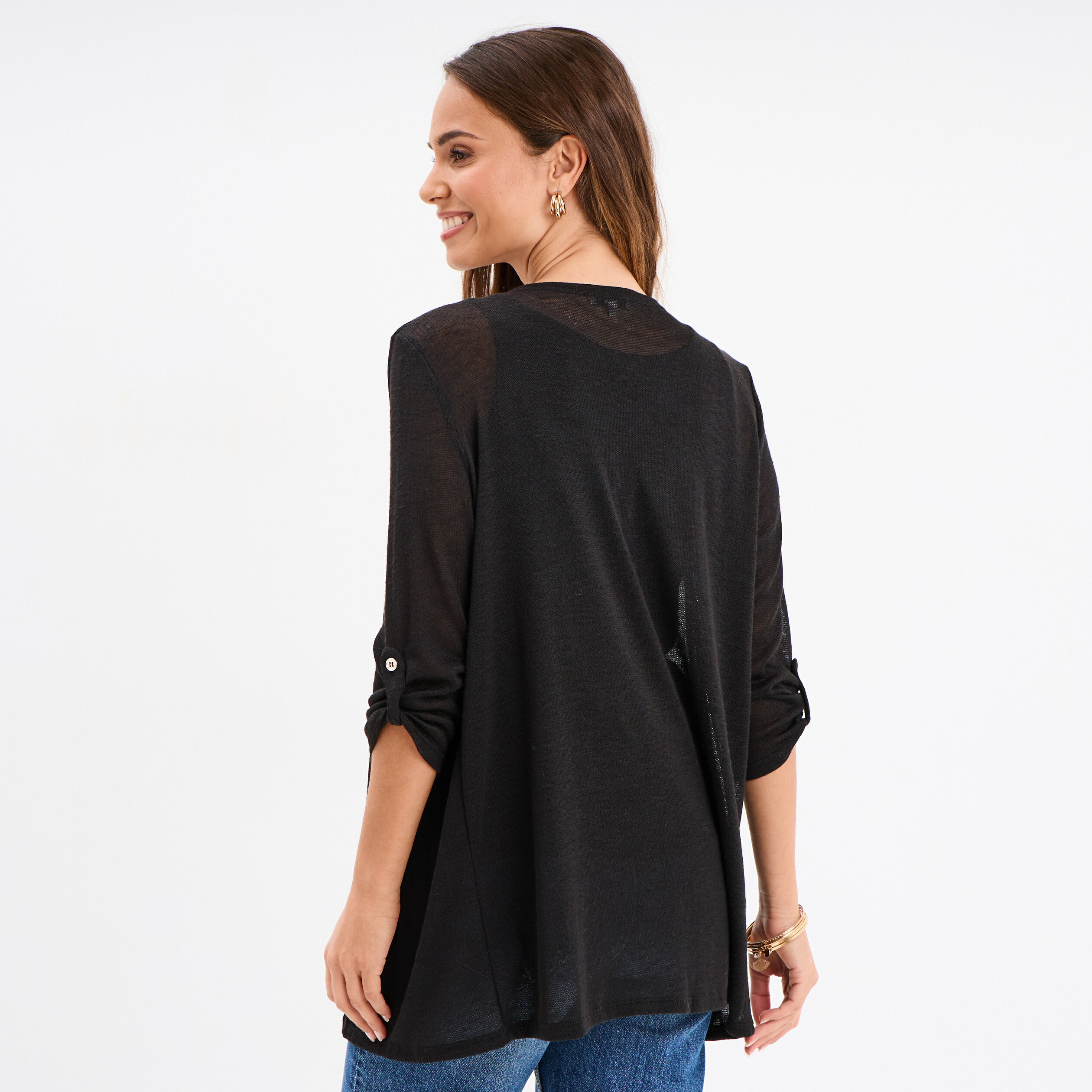 Gilet fin mi long manches 3/4 noir femme