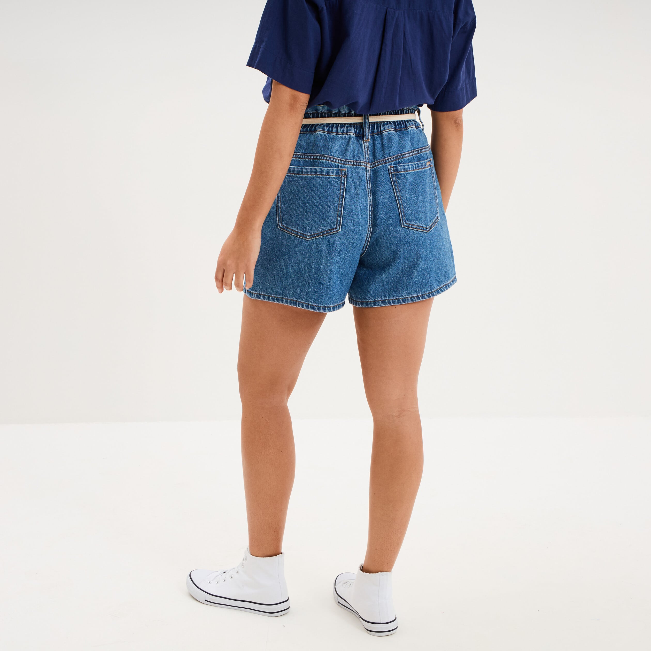 Short mom en jean ceinture cordon denim stone femme