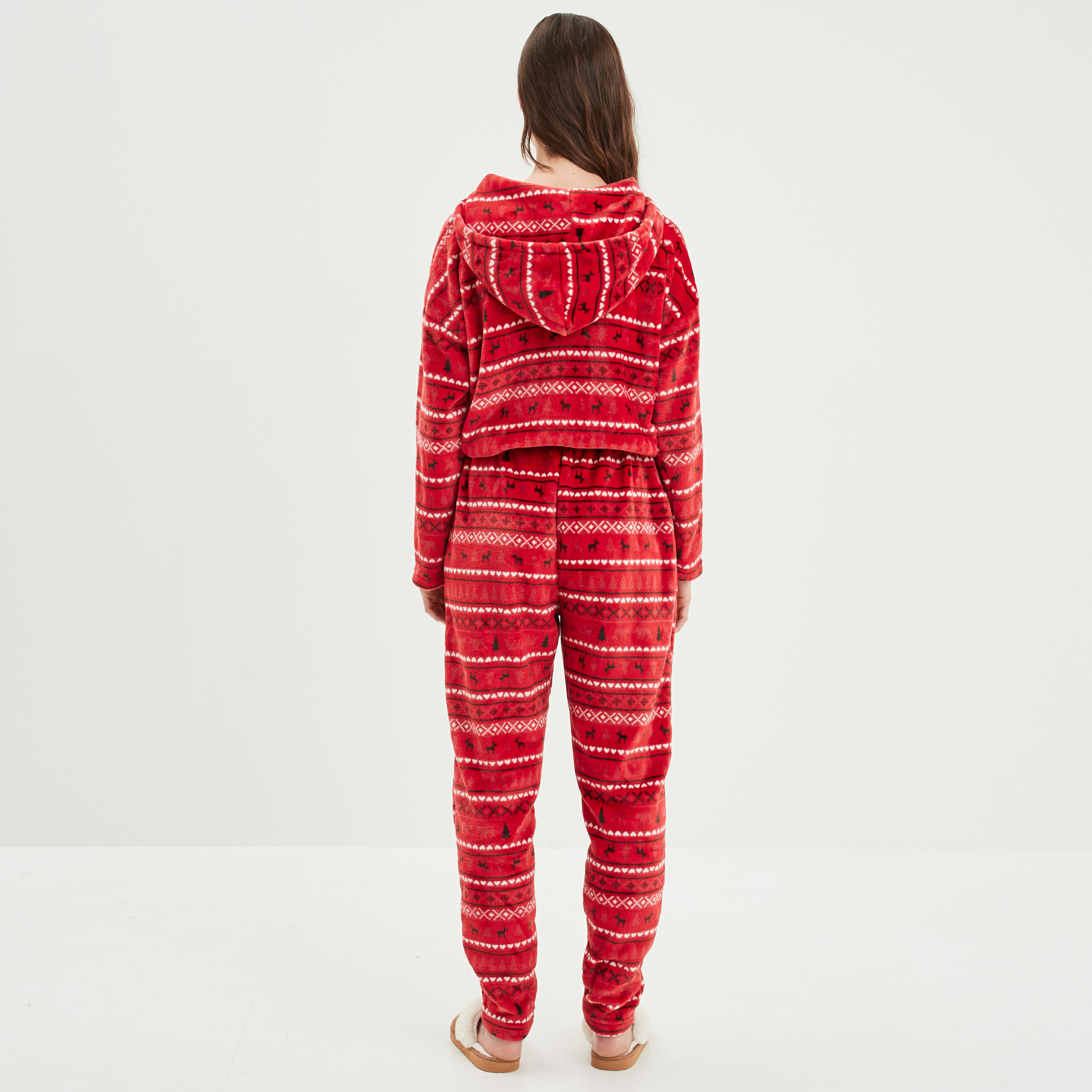 Combinaison pyjama pilou à capuche rouge femme