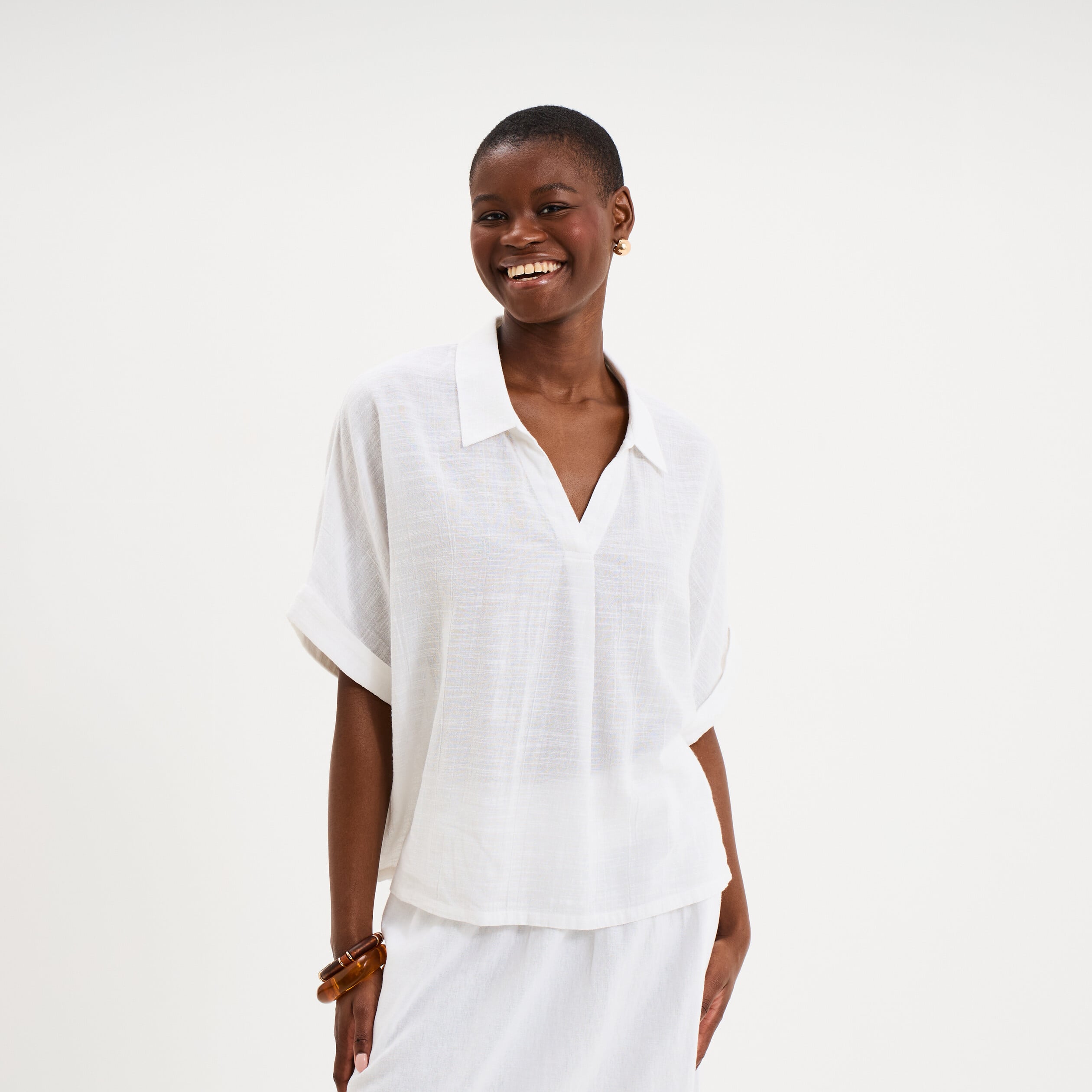 Blouse col chemise oversize coton blanc femme