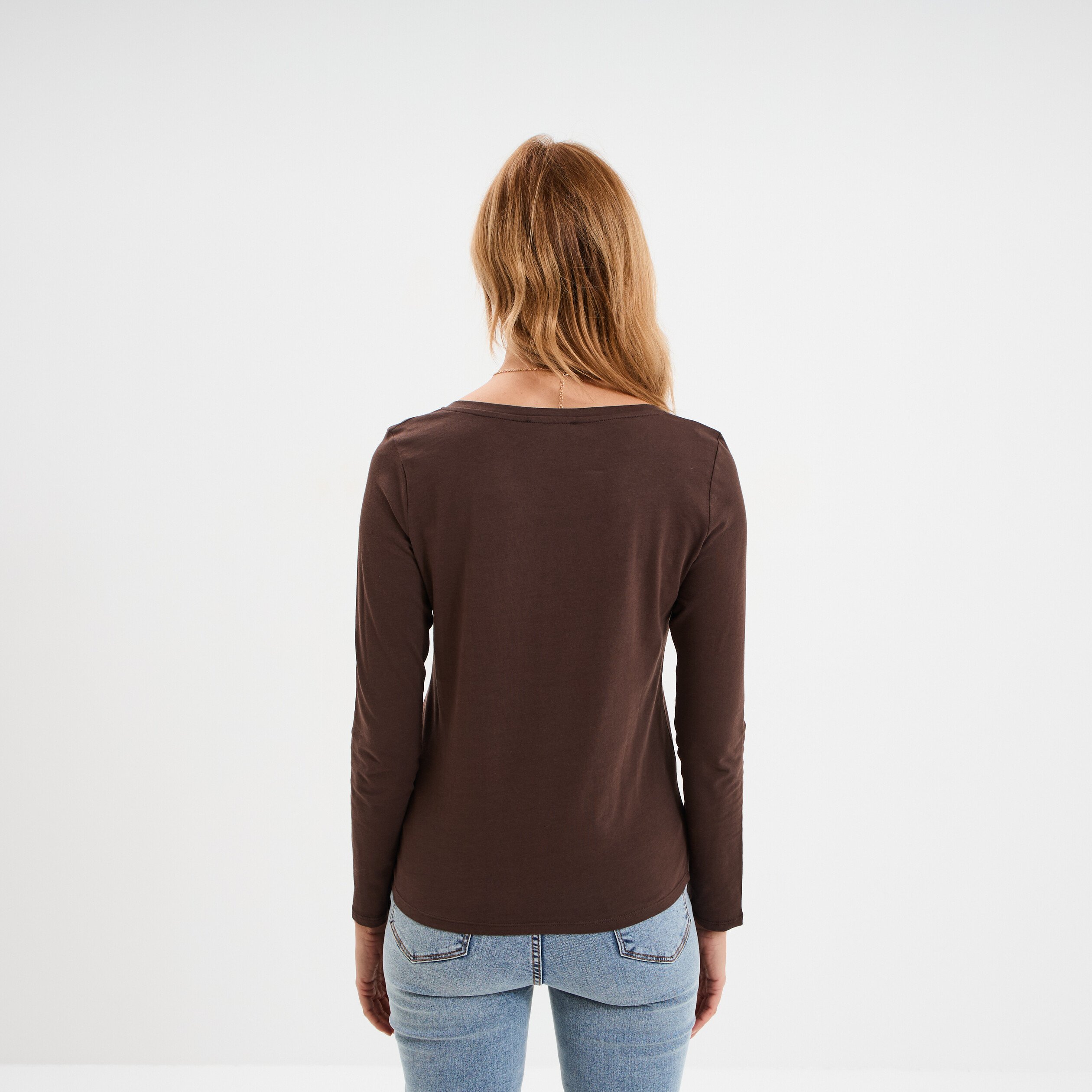 t shirt col en v manches longues coton marron fonce femme T-shirt col en V manches longues coton marron foncé femme