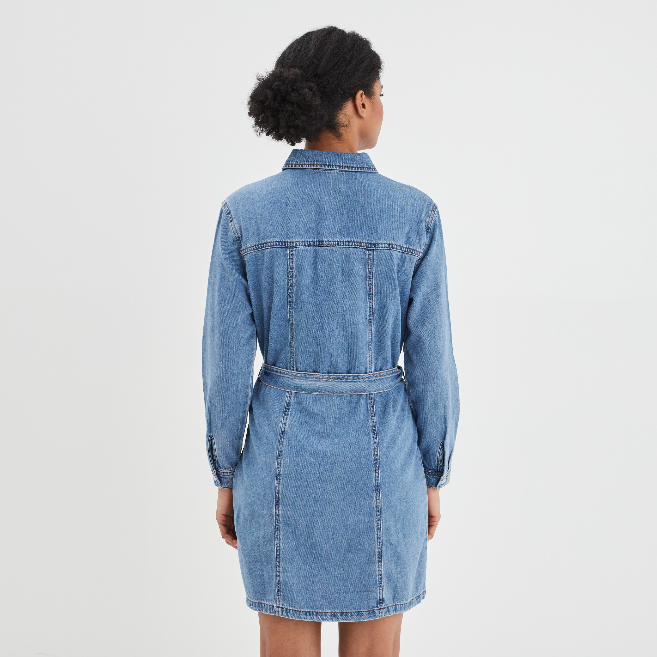 Robe chemise droite ceintur e en jean denim double stone femme