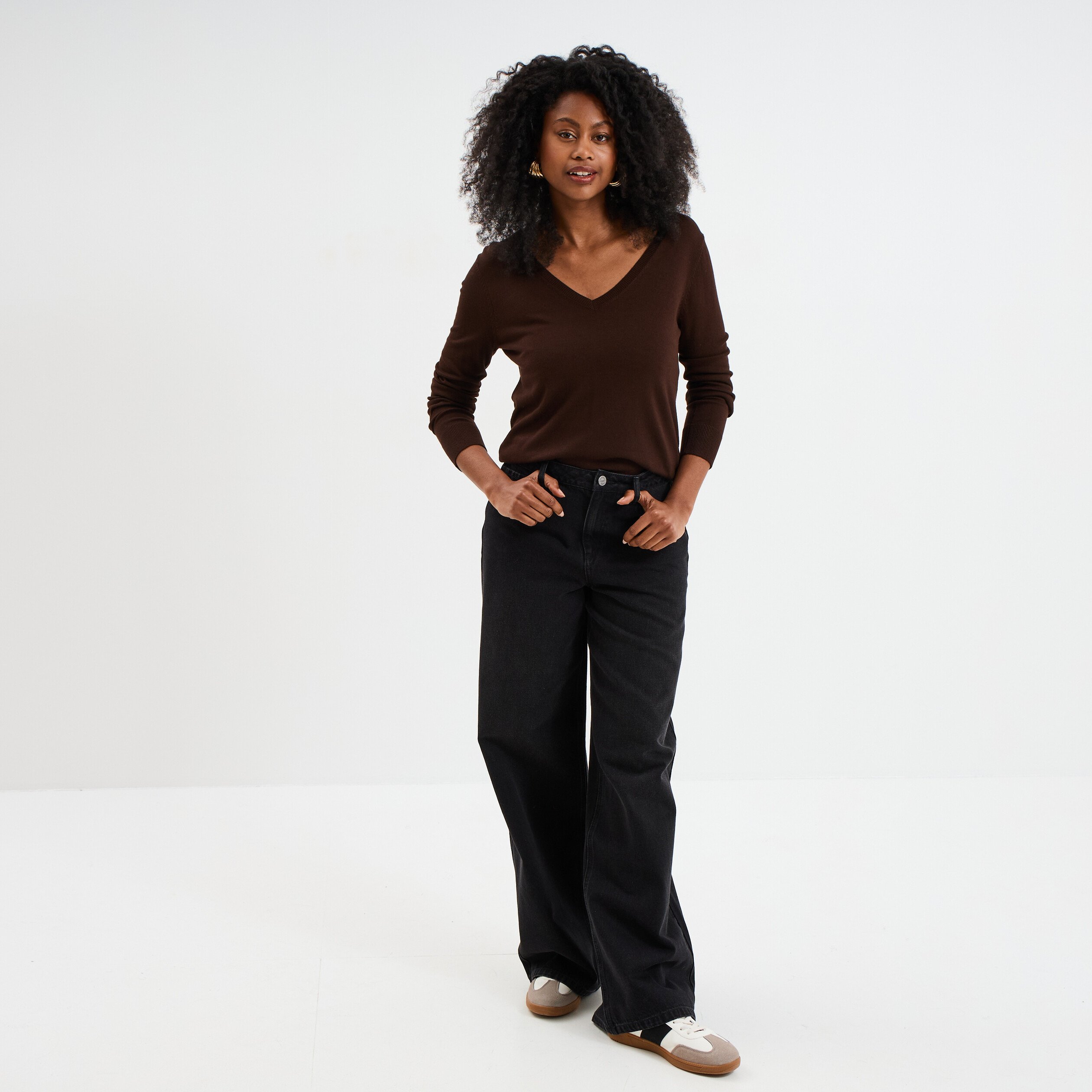 pull col en v manches longues marron fonce femme Pull col en V manches longues marron foncé femme