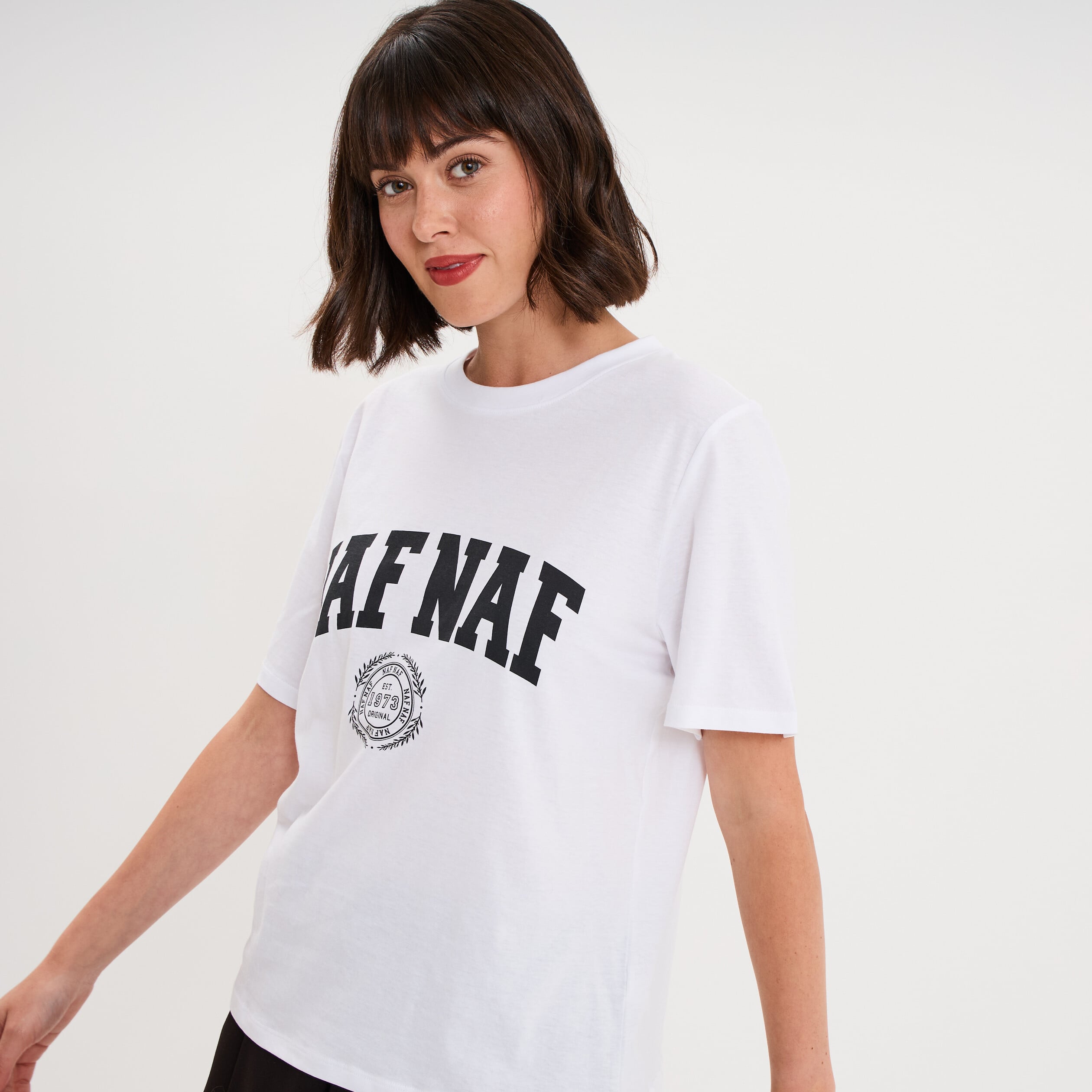 T-shirt col rond manches courtes print blanc femme