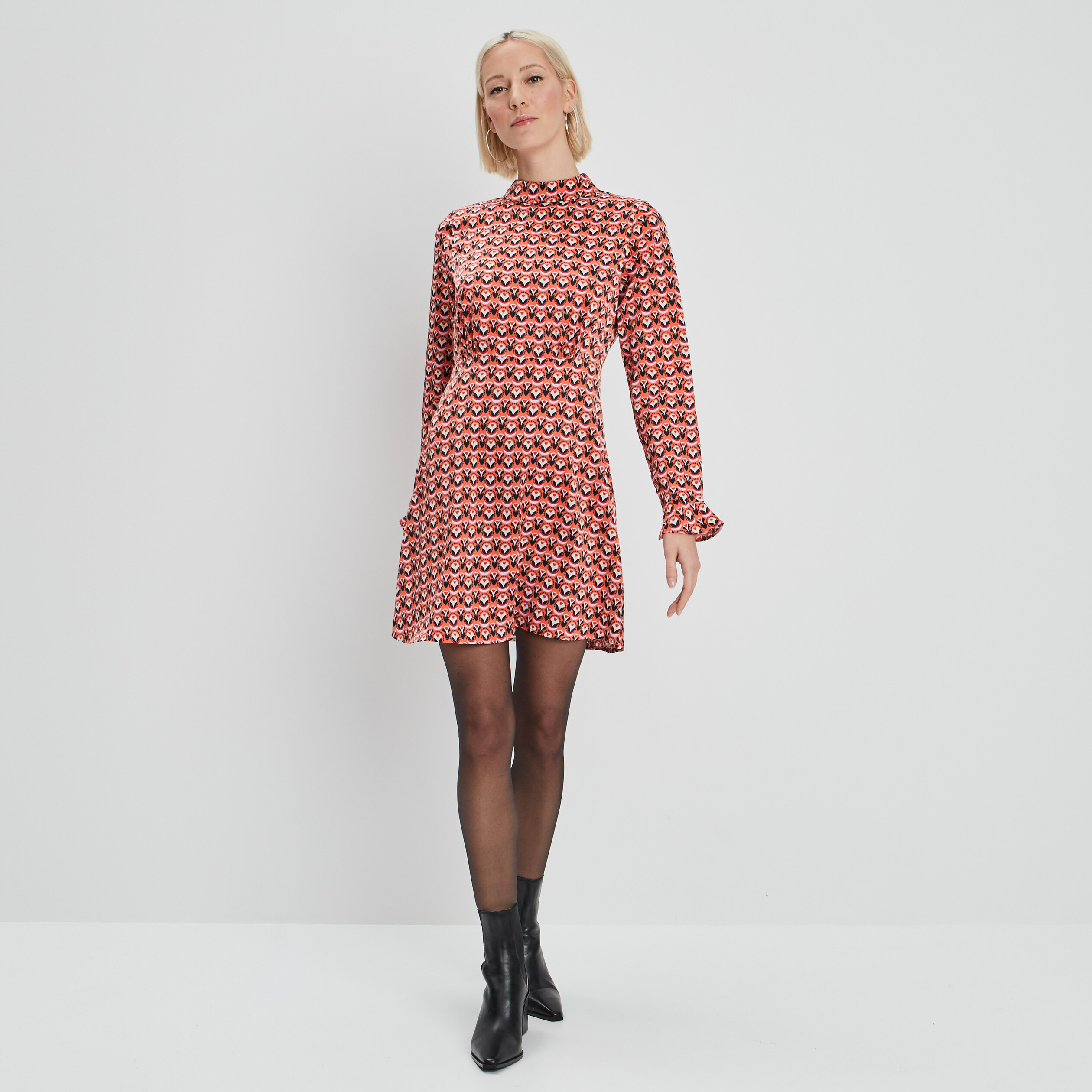 Robe trapèze col montant orange corail femme