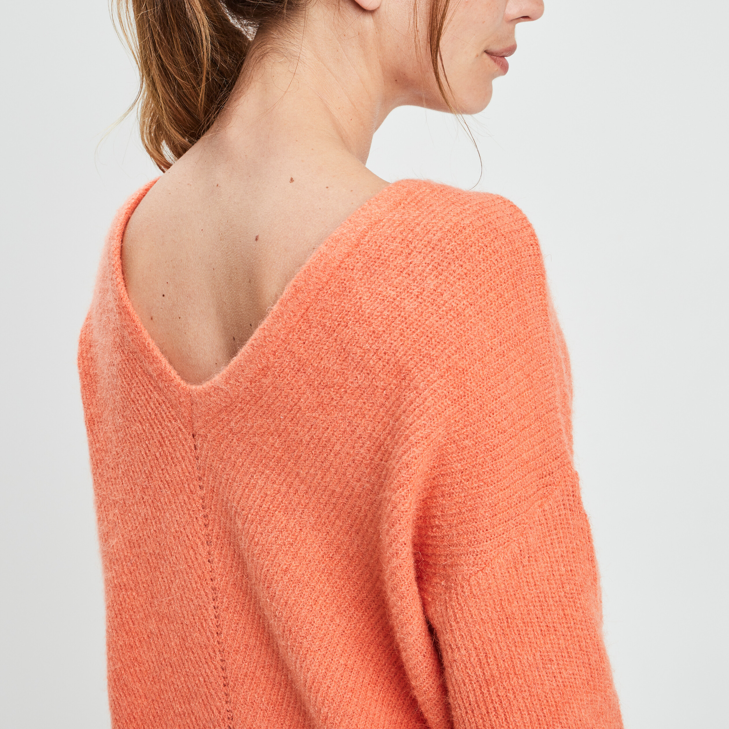 Pull recto verso manches longues orange corail femme