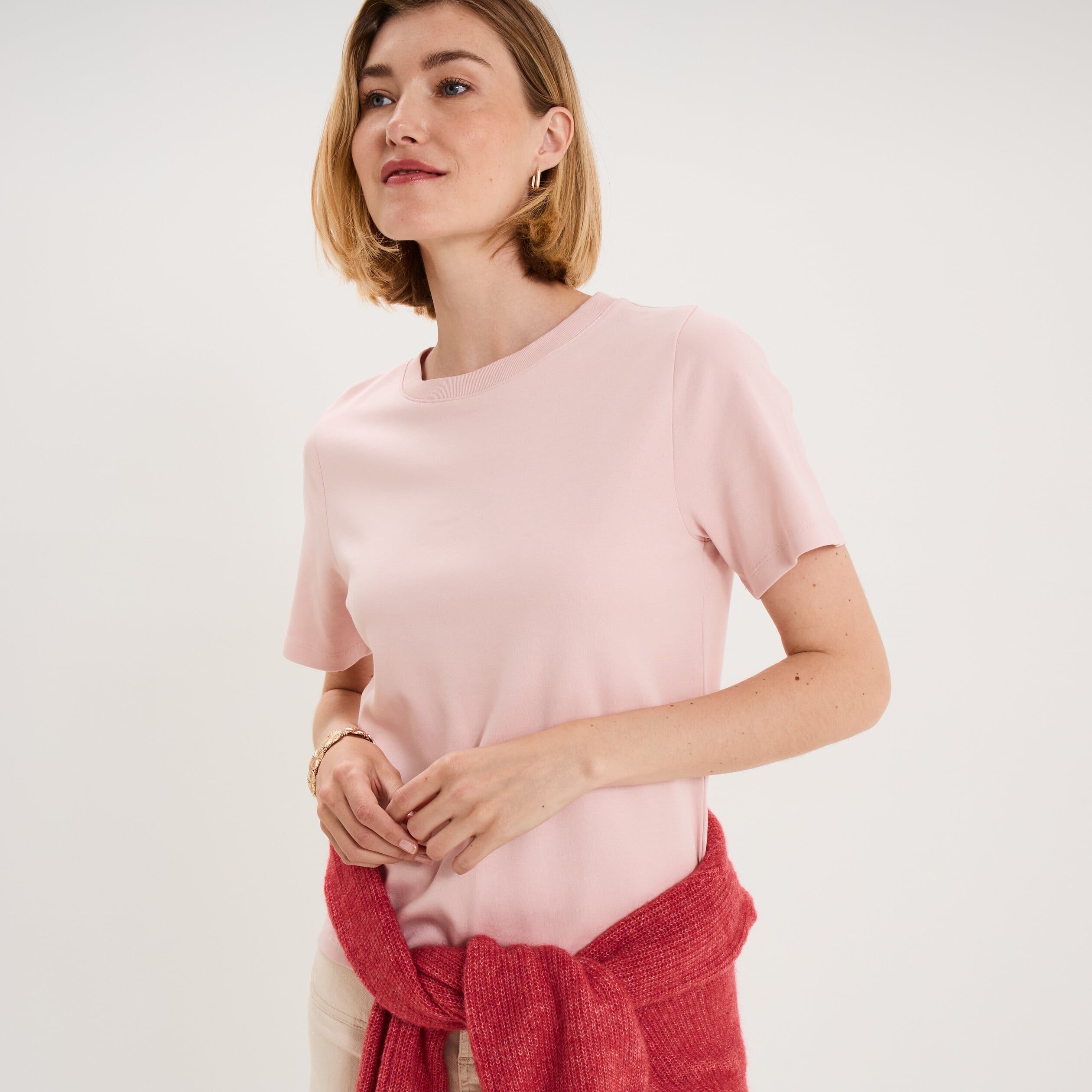 T-shirt col rond manches courtes coton rose pastel femme