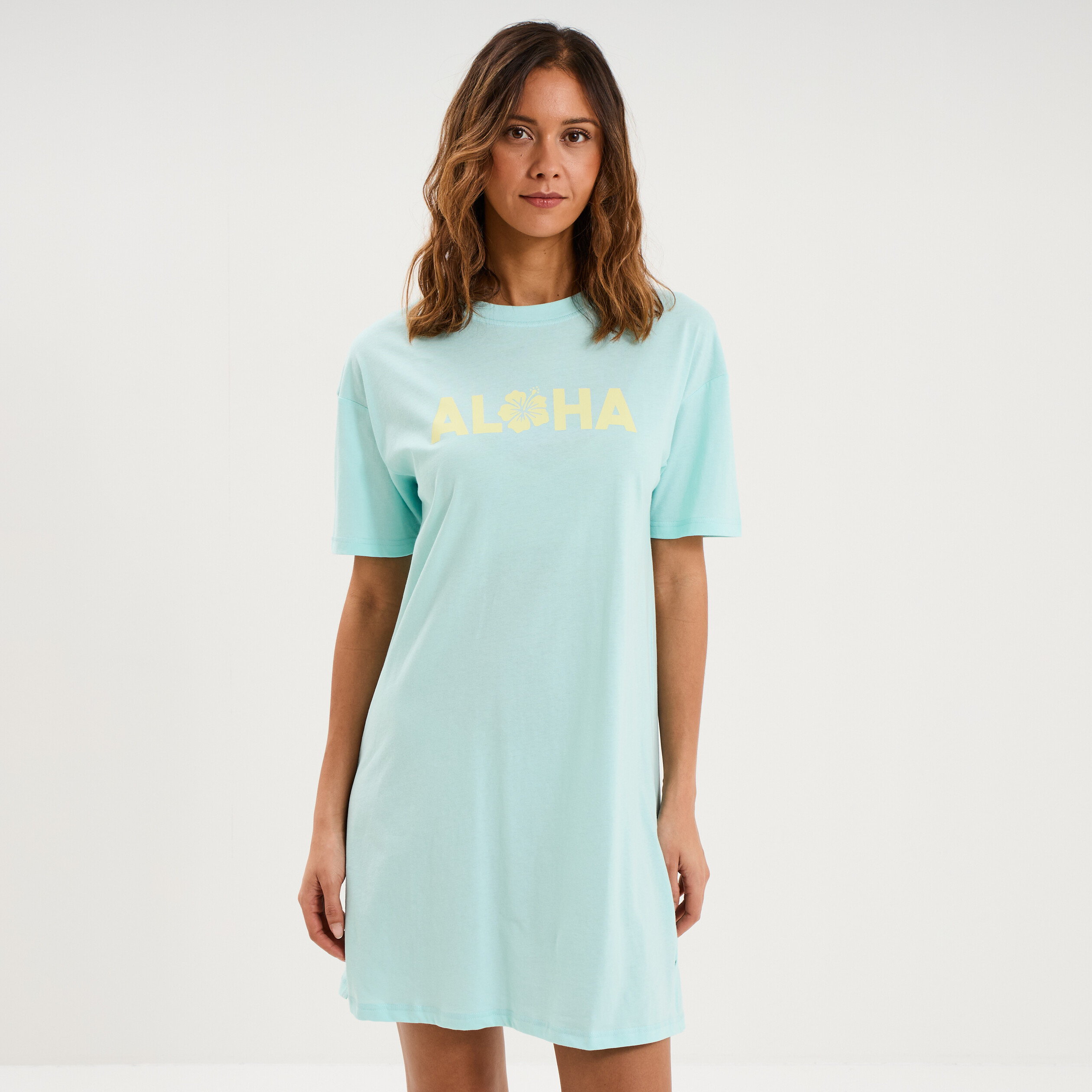 Chemise de nuit manches courtes coton bleu turquoise femme