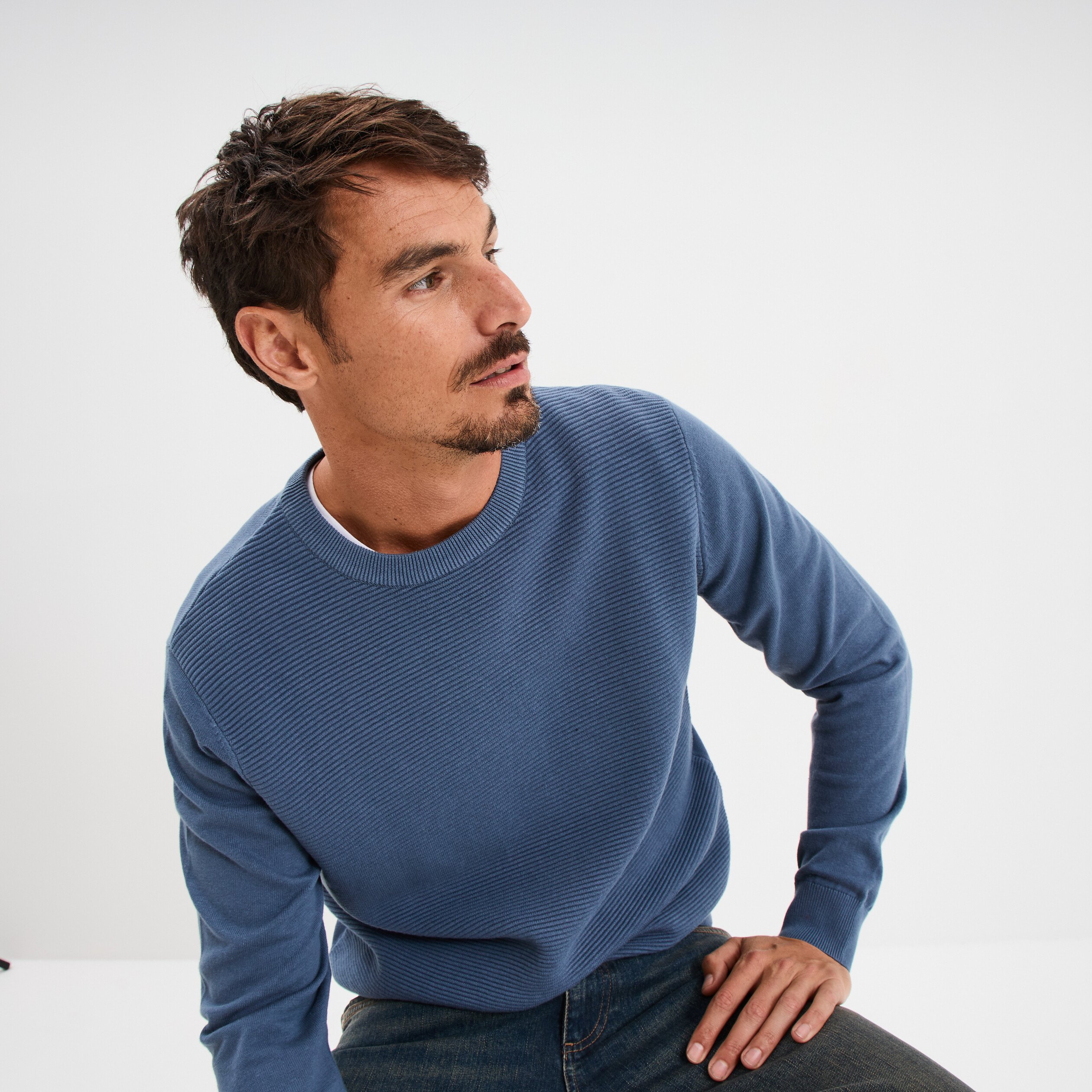 Pull col rond coton manches longues bleu foncé homme