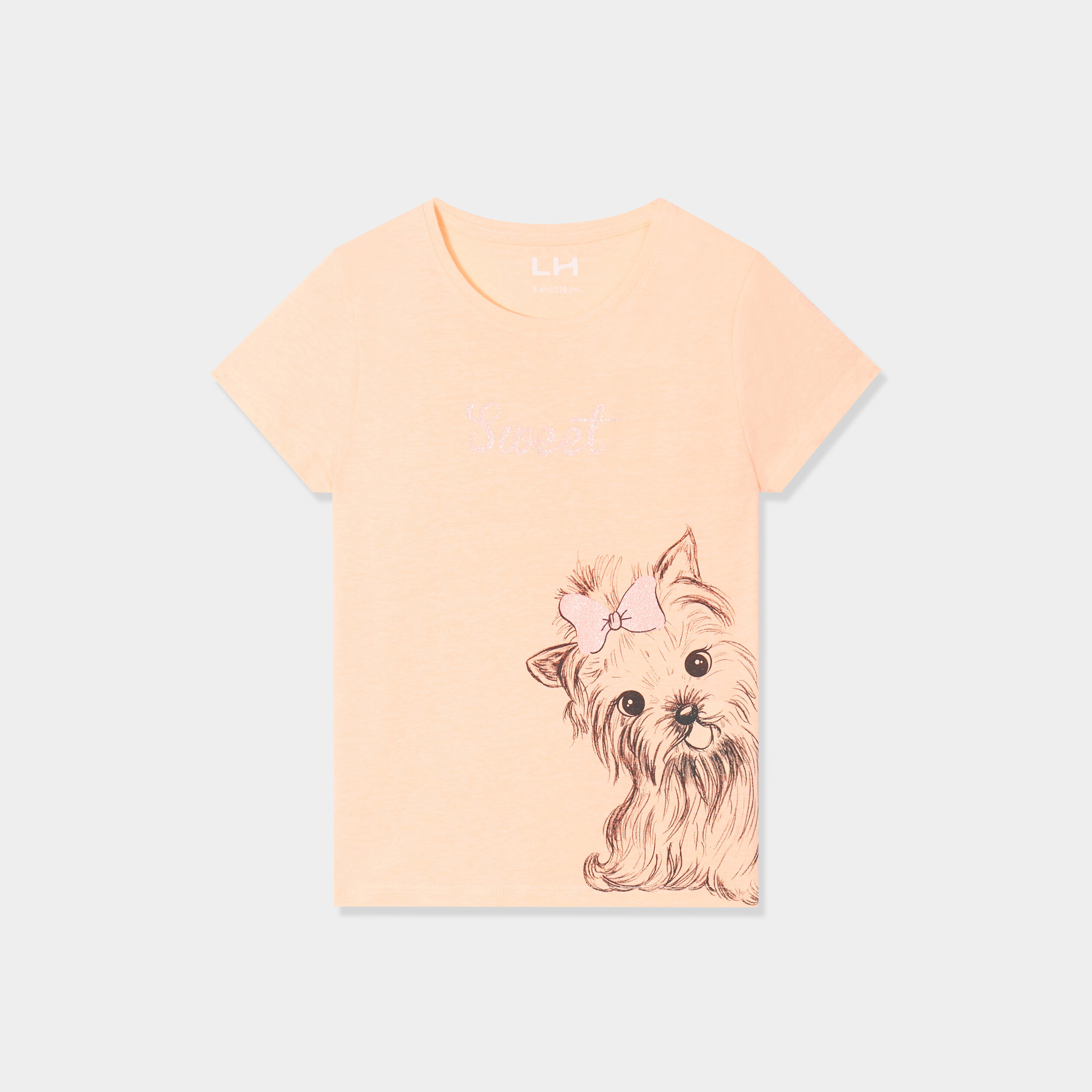 t shirt col rond manches courtes coton orange fluo fille T-shirt col rond manches courtes coton orange fluo fille