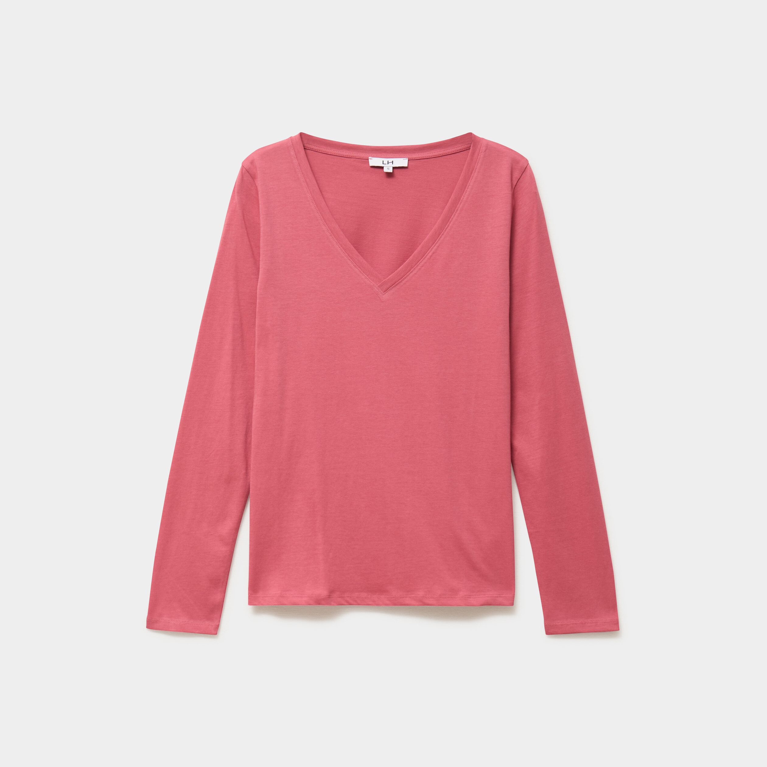 T-shirt col en V manches longues coton vieux rose femme