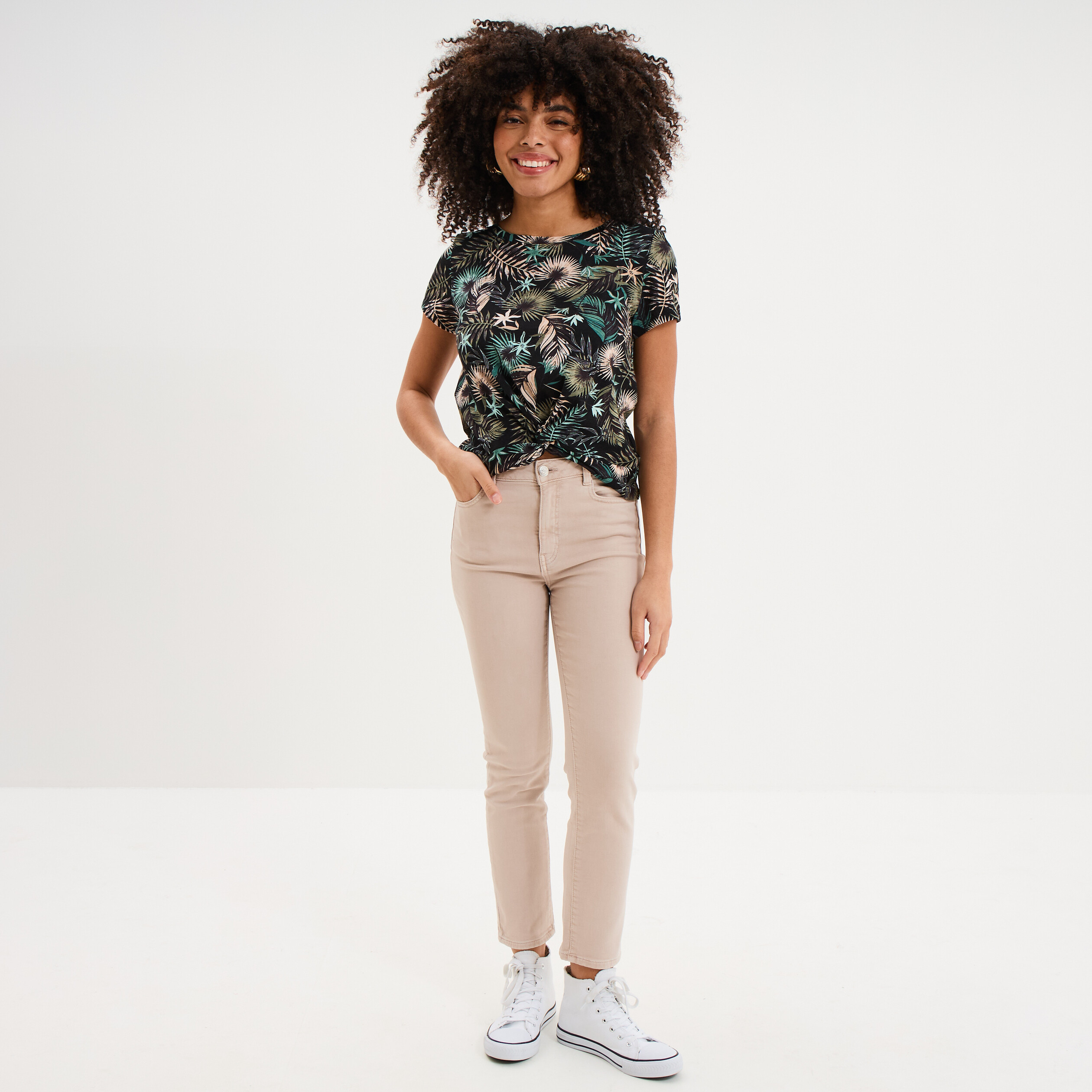 T-shirt taille effet nou&eacute; coton noir femme