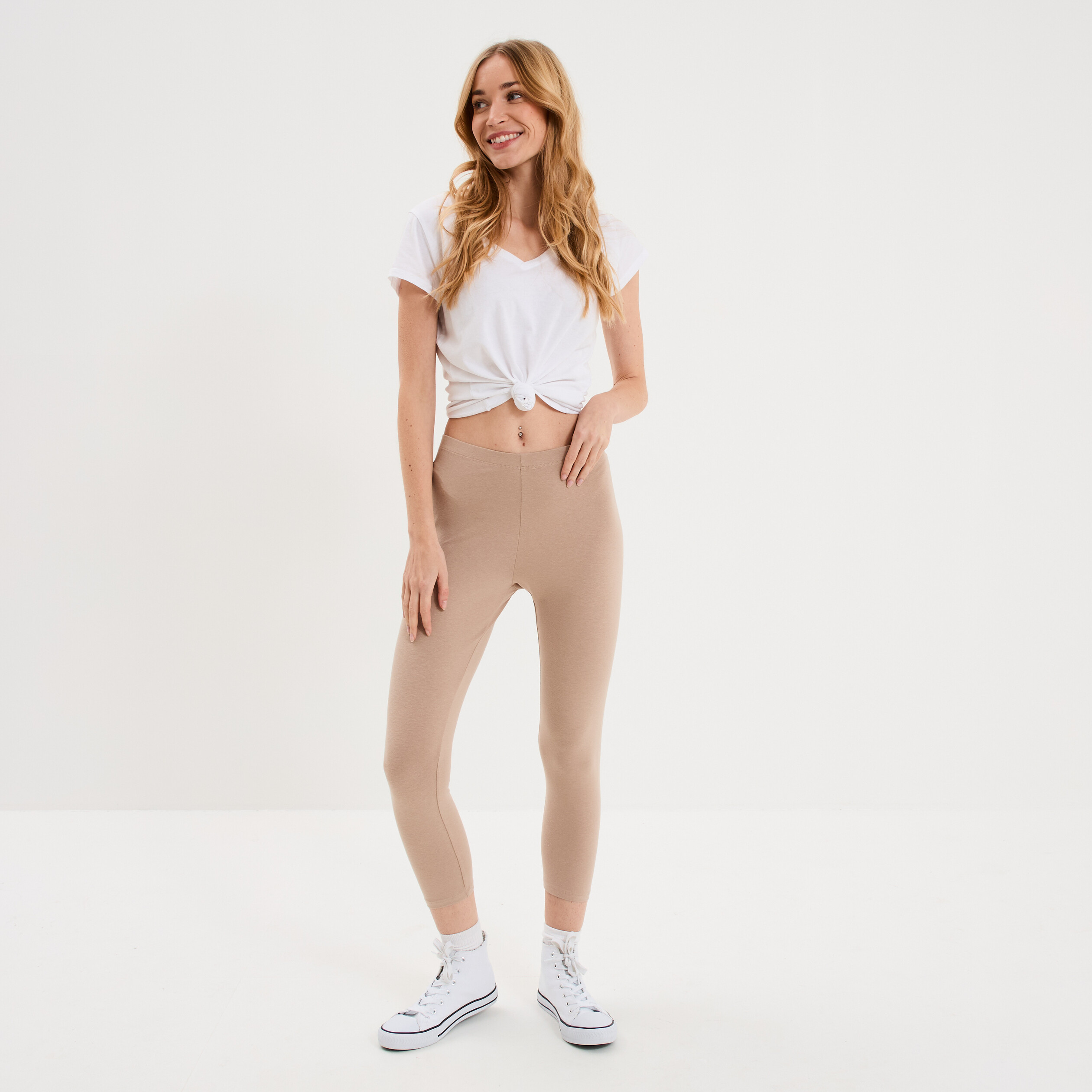 Legging 7/8 &egrave;me taille &eacute;lastiqu&eacute;e sable femme