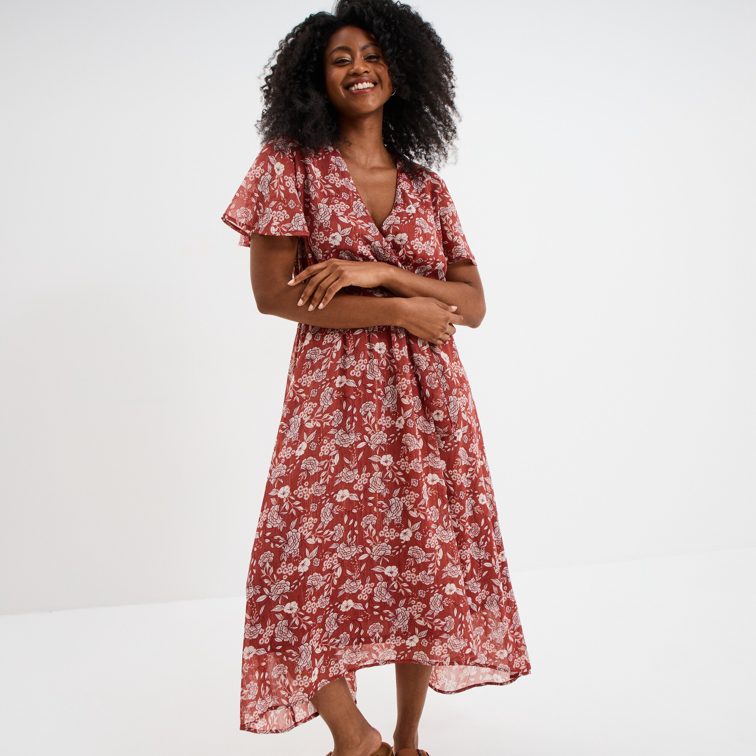 robe longue evasee col cache coeur terracotta femme Robe longue évasée col cache-coeur terracotta femme
