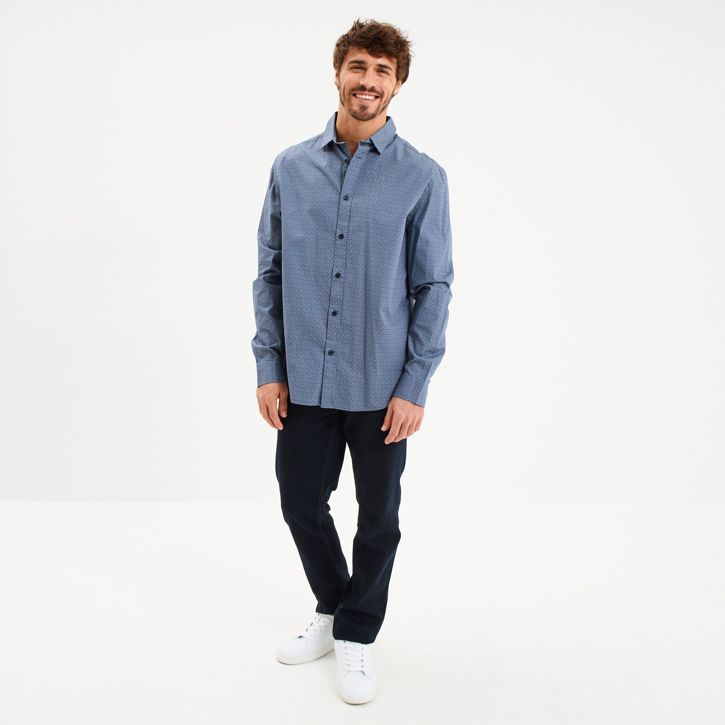 Chemise droite imprim&eacute;e manches longues blanc homme