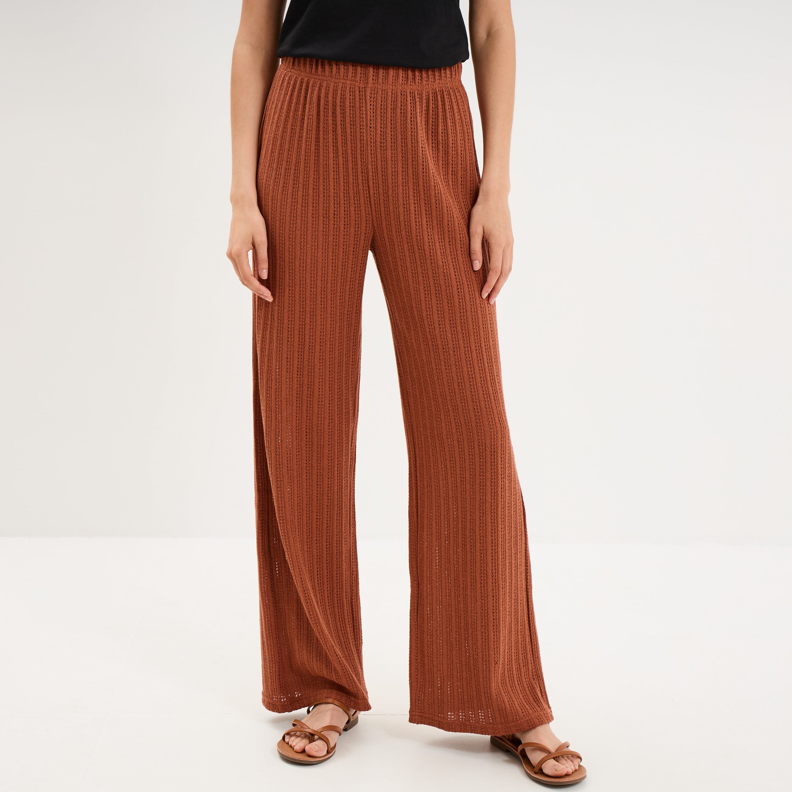 Pantalon large effet crochet &eacute;lastiqu&eacute; camel femme