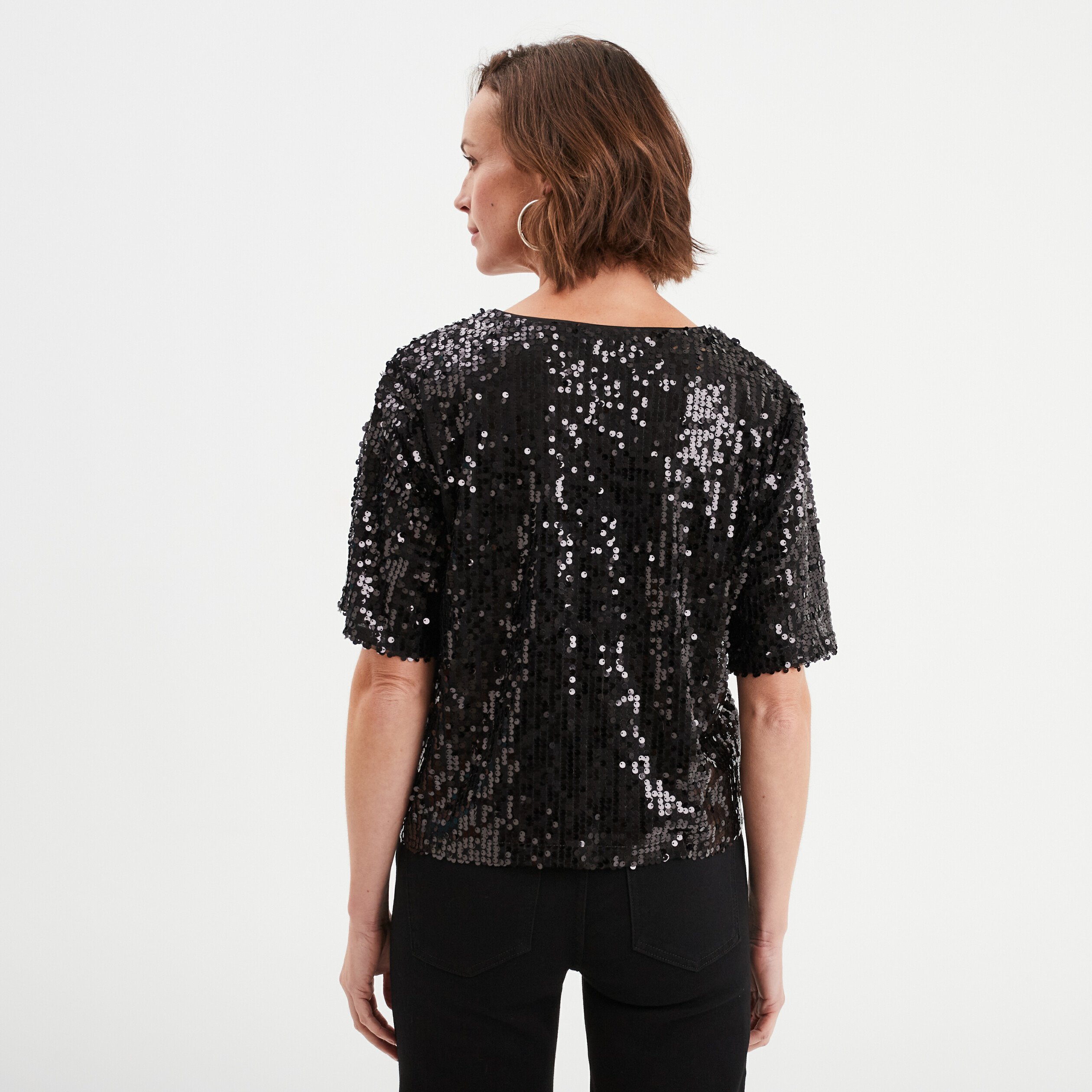 T-shirt à sequins manches courtes droit noir femme - Main Image