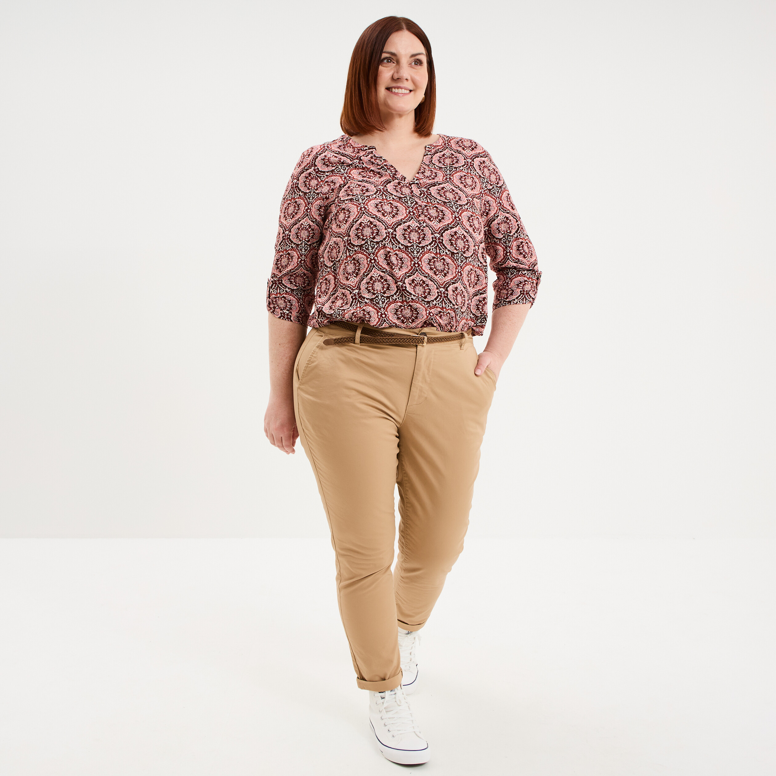 Pantalon chino taille haute coton beige femme grande taille