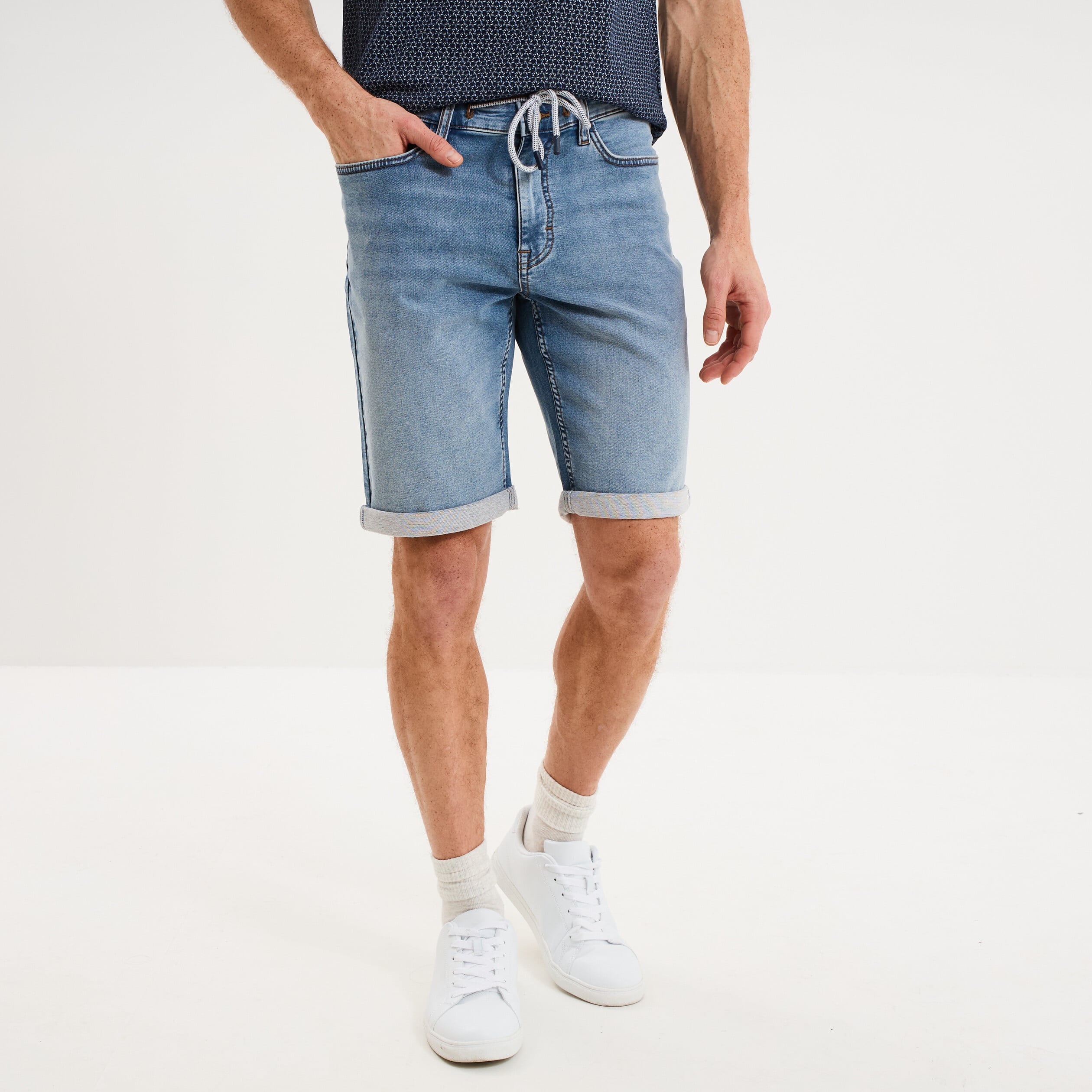 Bermuda droit &agrave; coulisse en jean denim double stone homme