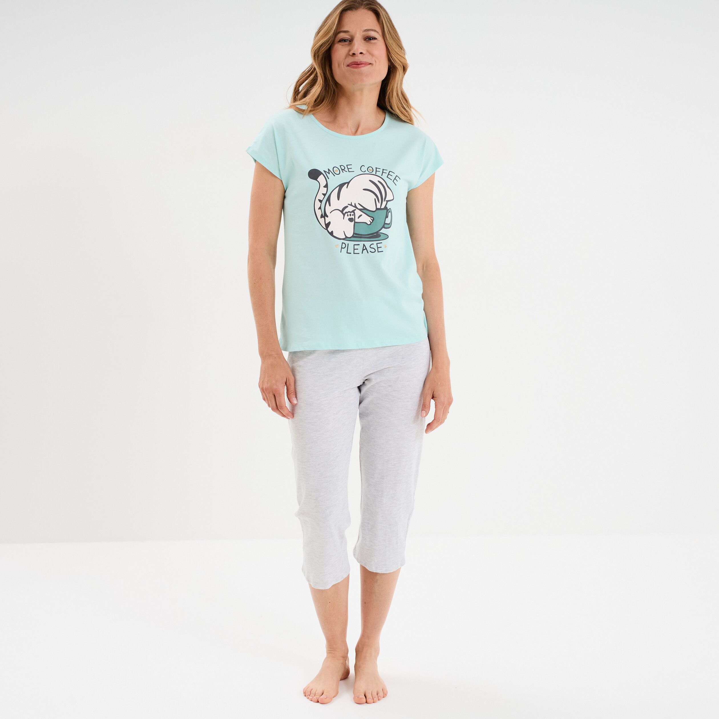 ensemble pyjama corsaire t shirt coton bleu turquoise femme Ensemble pyjama corsaire t-shirt coton bleu turquoise femme