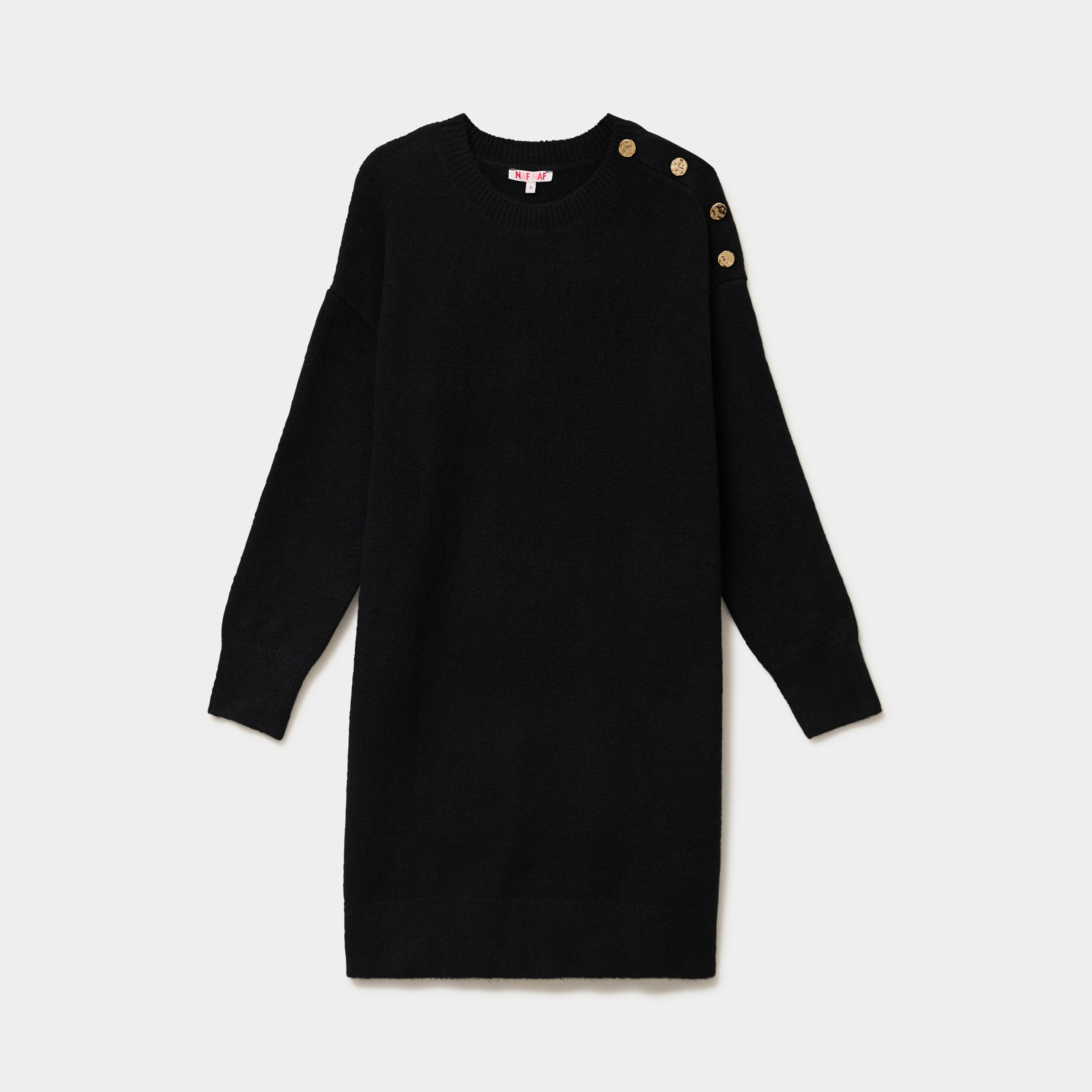 Robe pull longueur genou boutons &eacute;paule noir femme