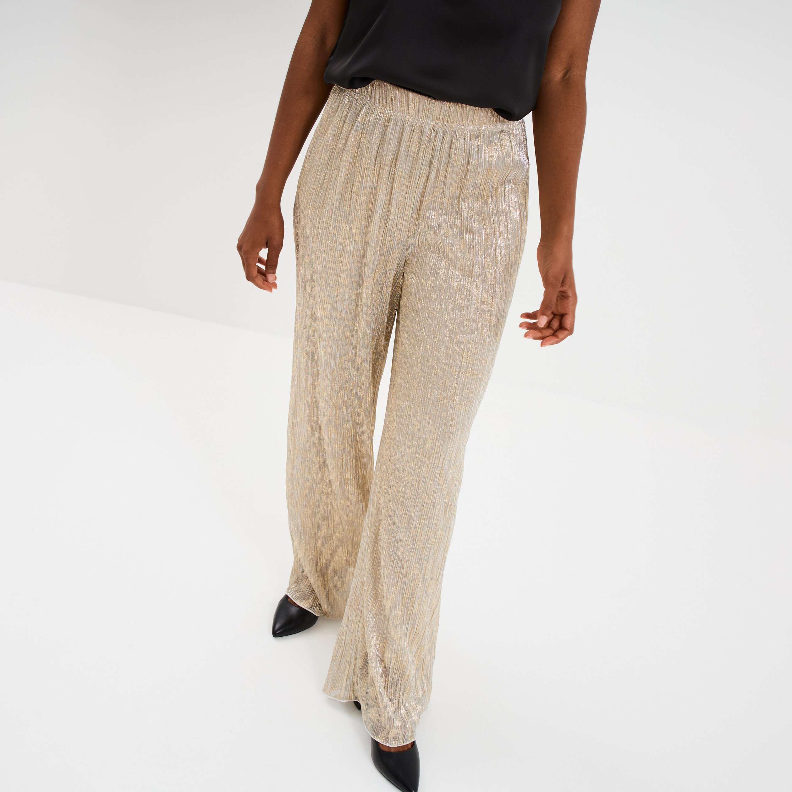 pantalon plisse taille elastiquee jaune or femme Pantalon plissé taille élastiquée jaune or femme