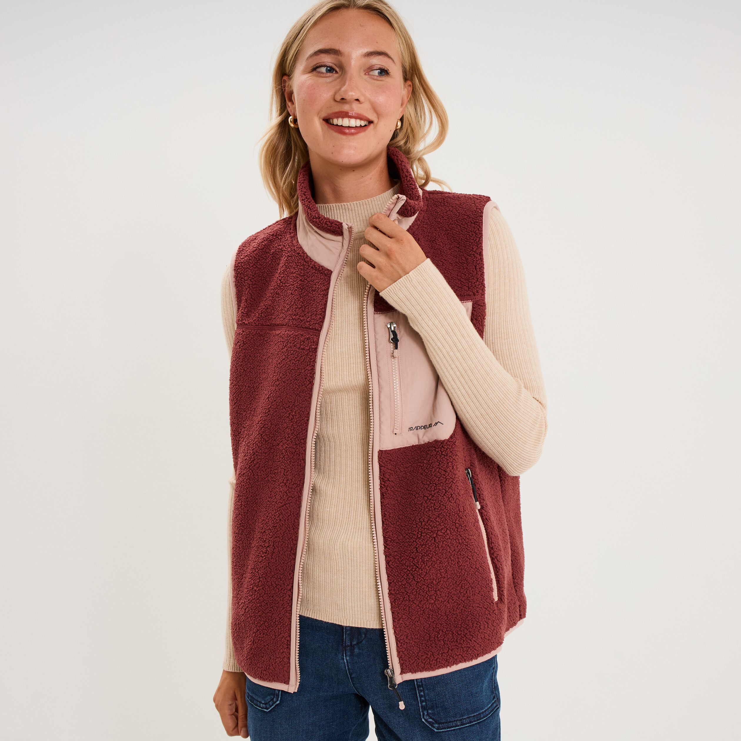 Gilet polaire col montant sans manches vieux rose femme