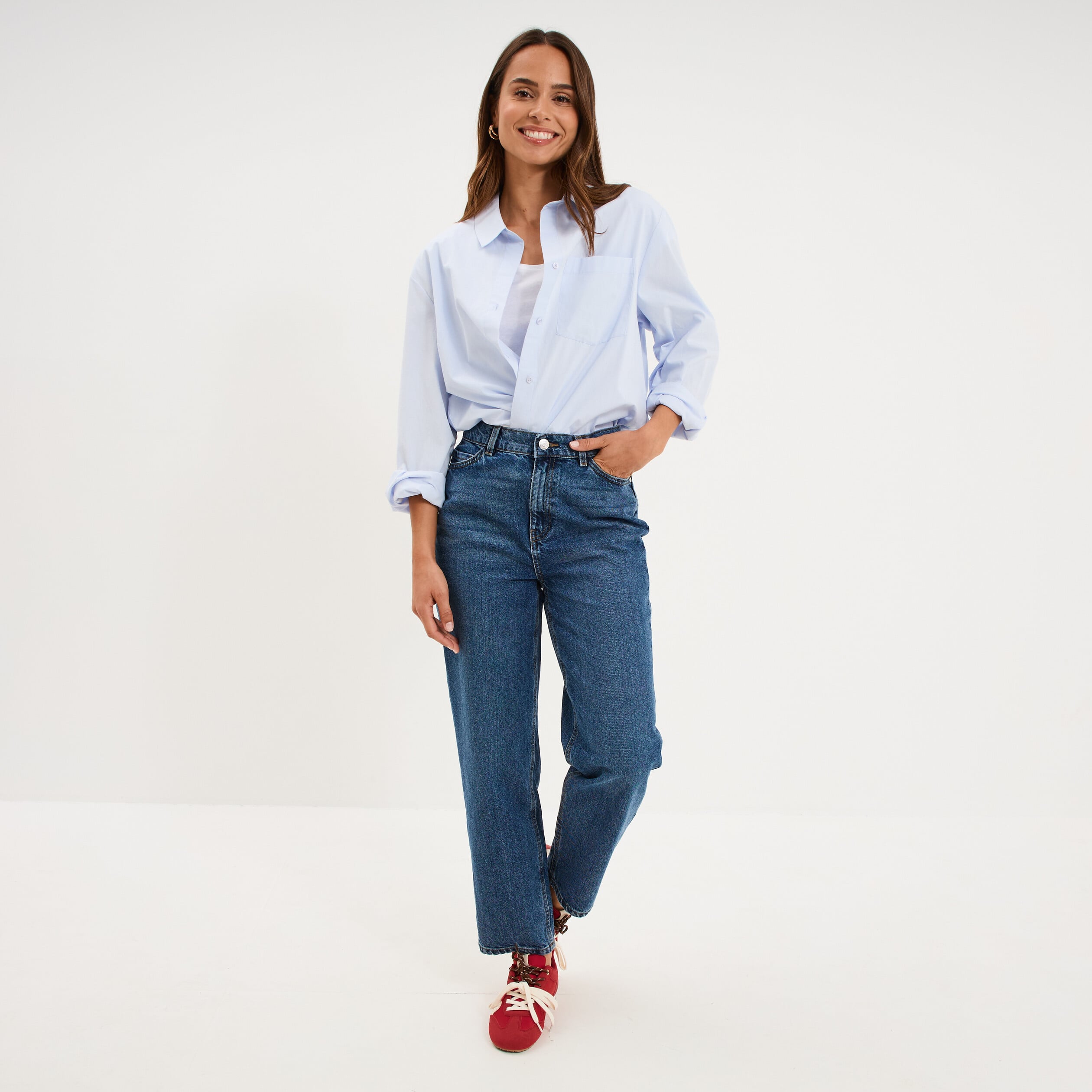 Jeans mom cropped taille haute denim stone femme