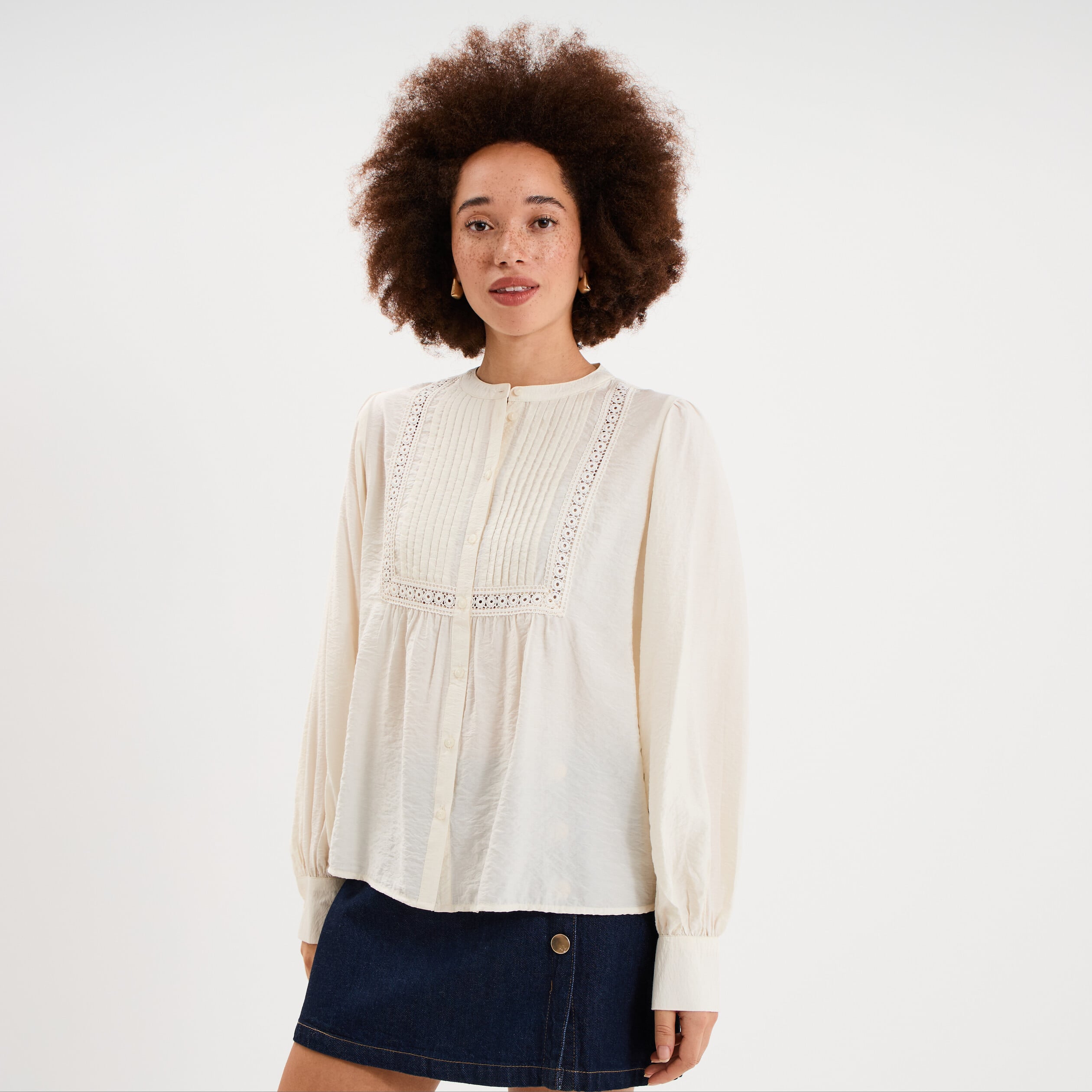 Blouse manches longues galons et fronces ecru femme
