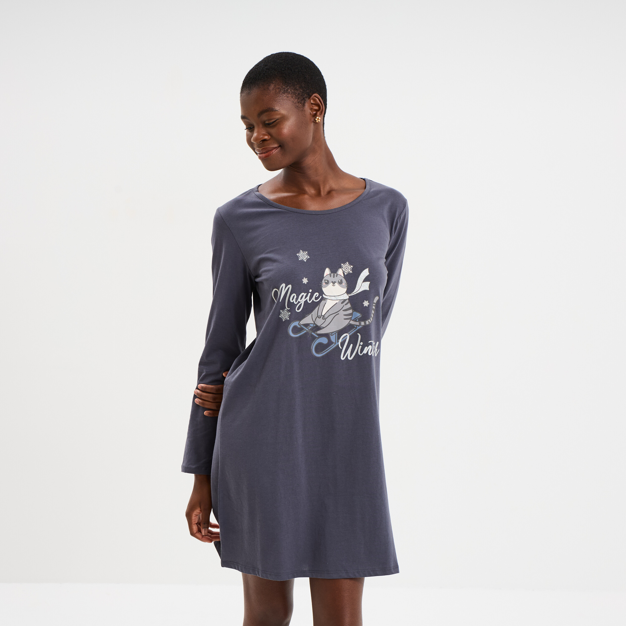 Chemise de nuit manches longues coton bleu gris femme