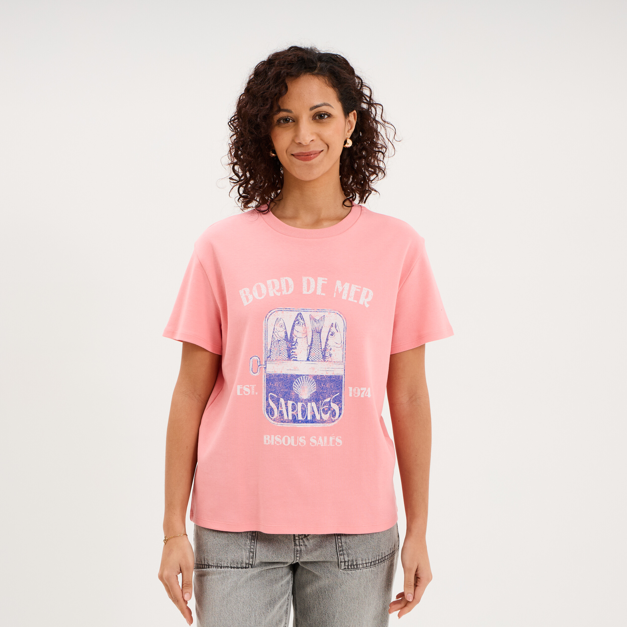 T-shirt col rond manches courtes coton rose femme