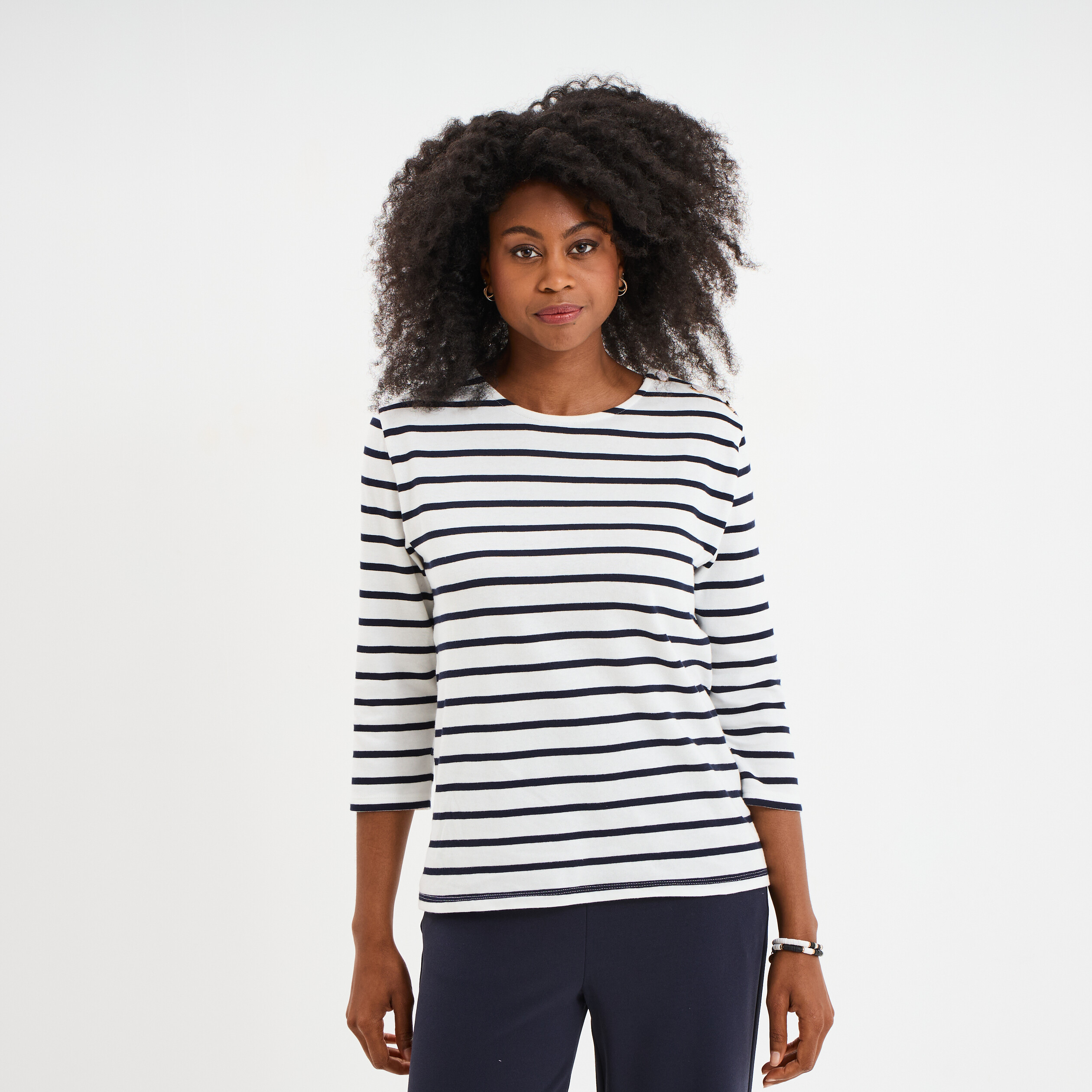 t shirt manches 34 avec boutons coton ecru femme T-shirt manches 3/4 avec boutons coton ecru femme