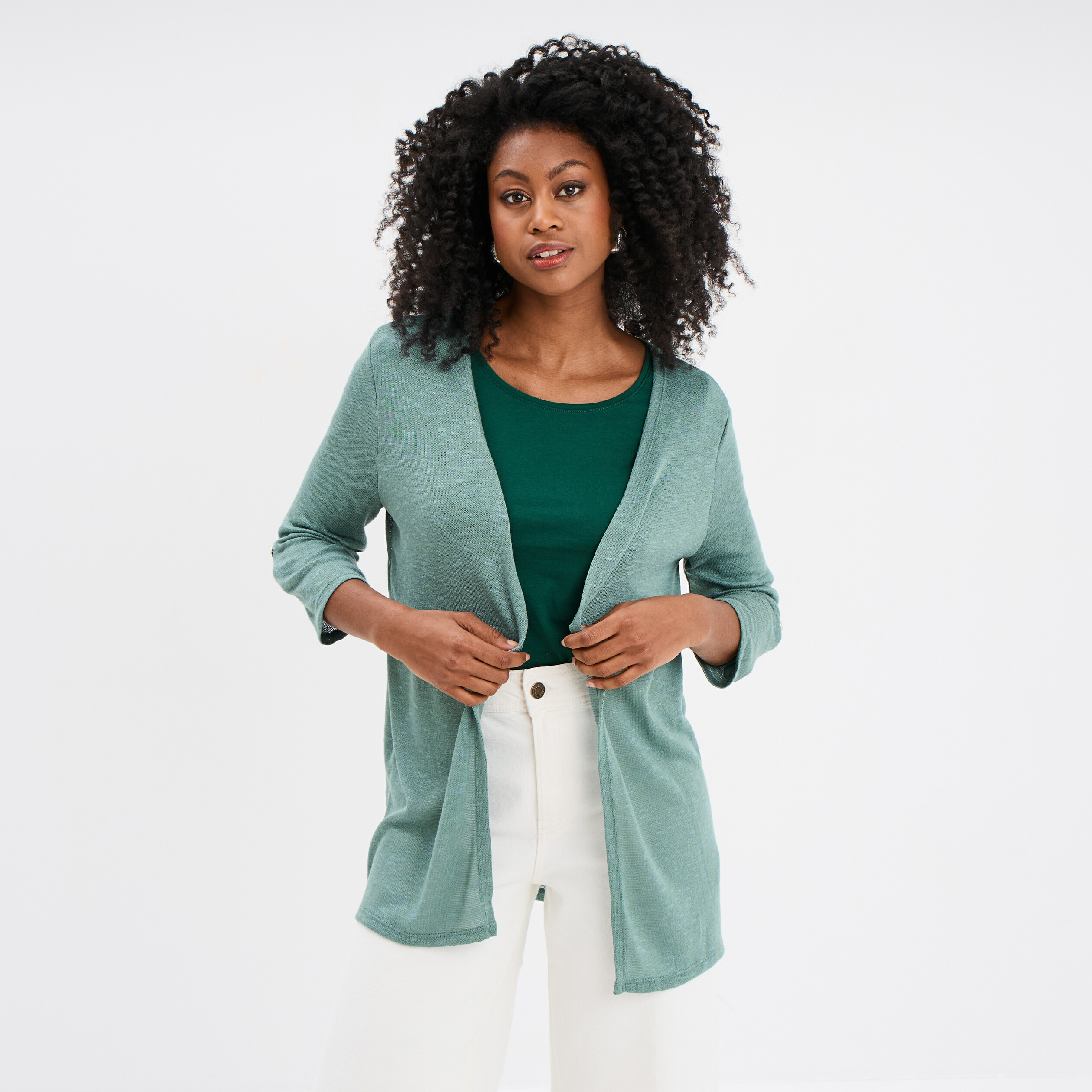 Gilet fin mi long manches 3/4 bleu gris femme